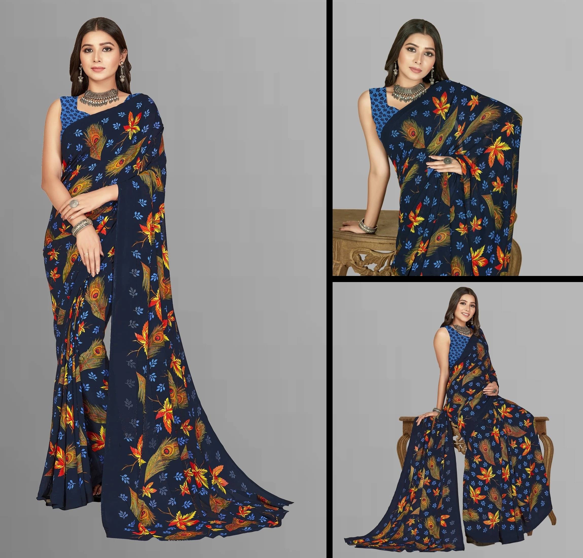     			ANAND SAREES Georgette Printed Saree With Unstitched Blouse Piece ( Blue )