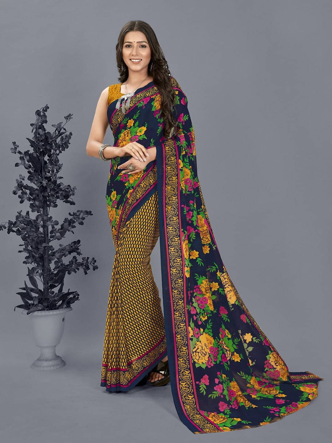 ANAND SAREES Georgette Printed Saree With Unstitched Blouse Piece ( Blue ) ANAND SAREES Georgette Printed Saree With Unstitched Blouse Piece ( Blue )