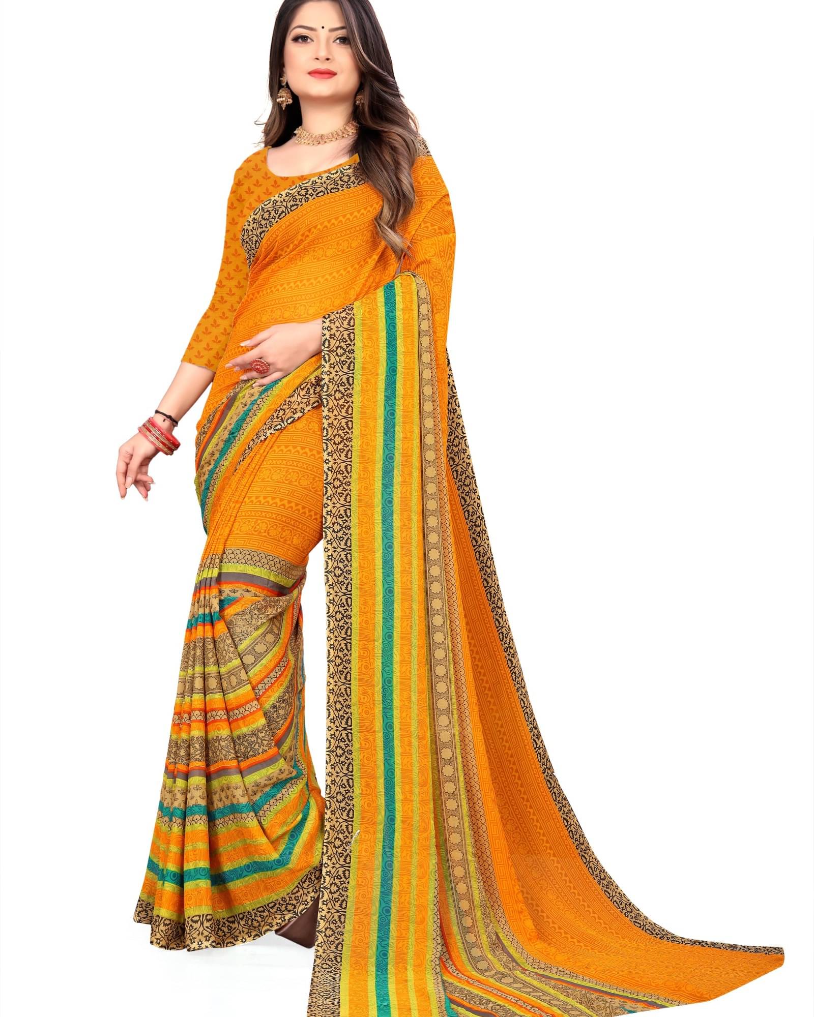 ANAND SAREES Georgette Printed Saree With Unstitched Blouse Piece ( Yellow ) ANAND SAREES Georgette Printed Saree With Unstitched Blouse Piece ( Yellow )