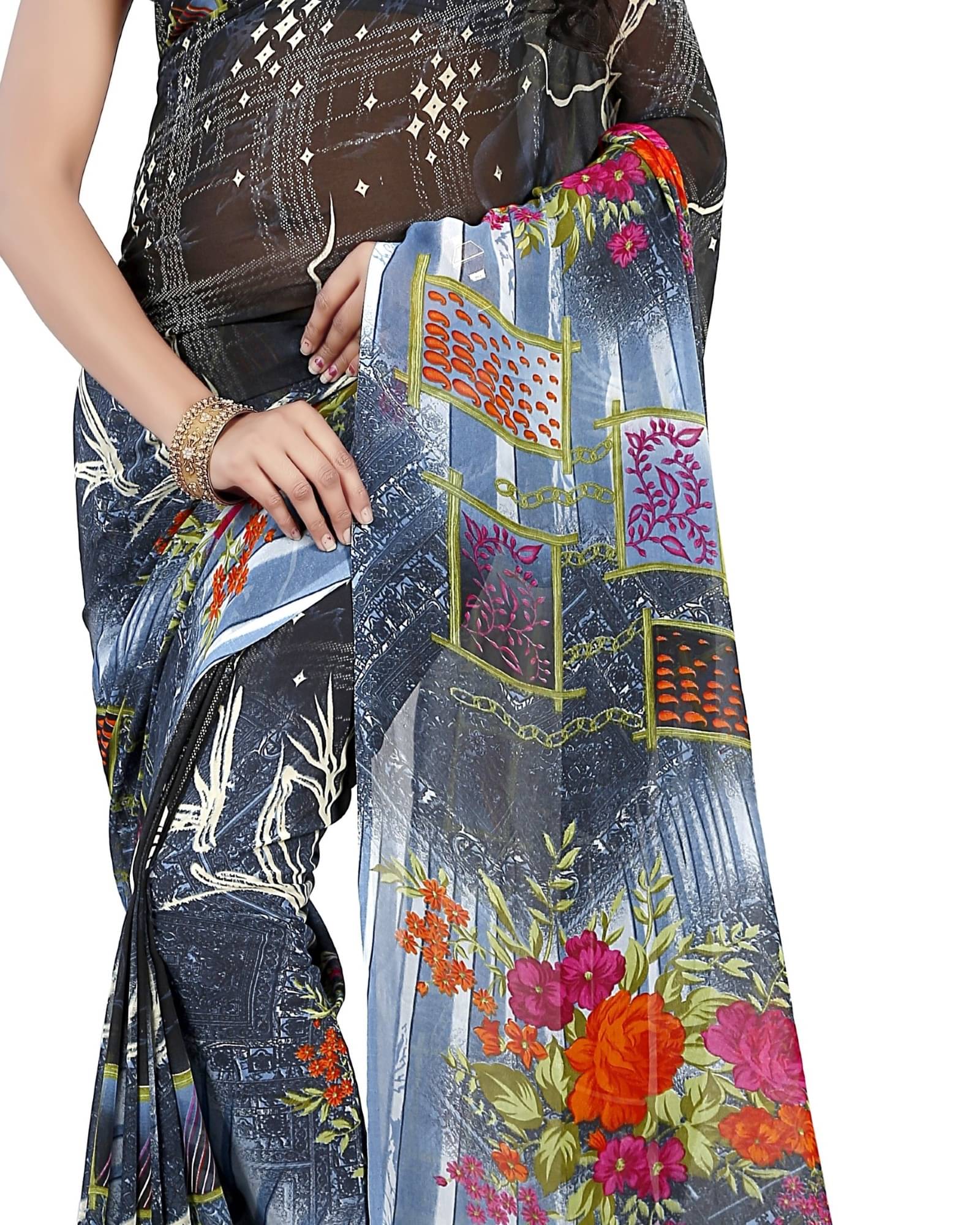 ANAND SAREES Georgette Printed Saree With Unstitched Blouse Piece ( Grey ) ANAND SAREES Georgette Printed Saree With Unstitched Blouse Piece ( Grey )