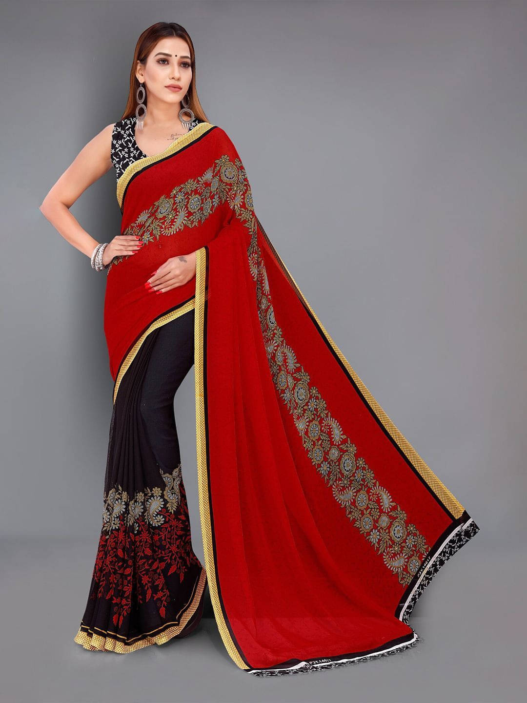 ANAND SAREES Georgette Printed Saree With Unstitched Blouse Piece ( Red ) ANAND SAREES Georgette Printed Saree With Unstitched Blouse Piece ( Red )