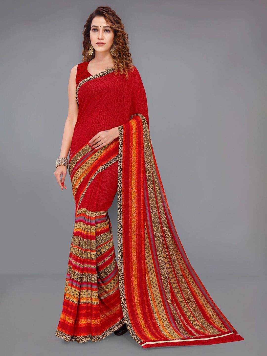 ANAND SAREES Georgette Printed Saree With Unstitched Blouse Piece ( Red ) ANAND SAREES Georgette Printed Saree With Unstitched Blouse Piece ( Red )