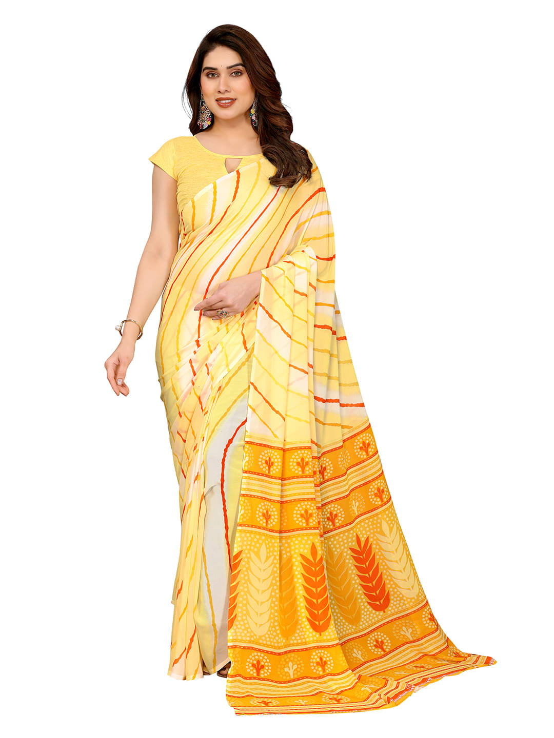     			ANAND SAREES Georgette Printed Leheriya Saree With Unstitched Blouse Piece ( Yellow )