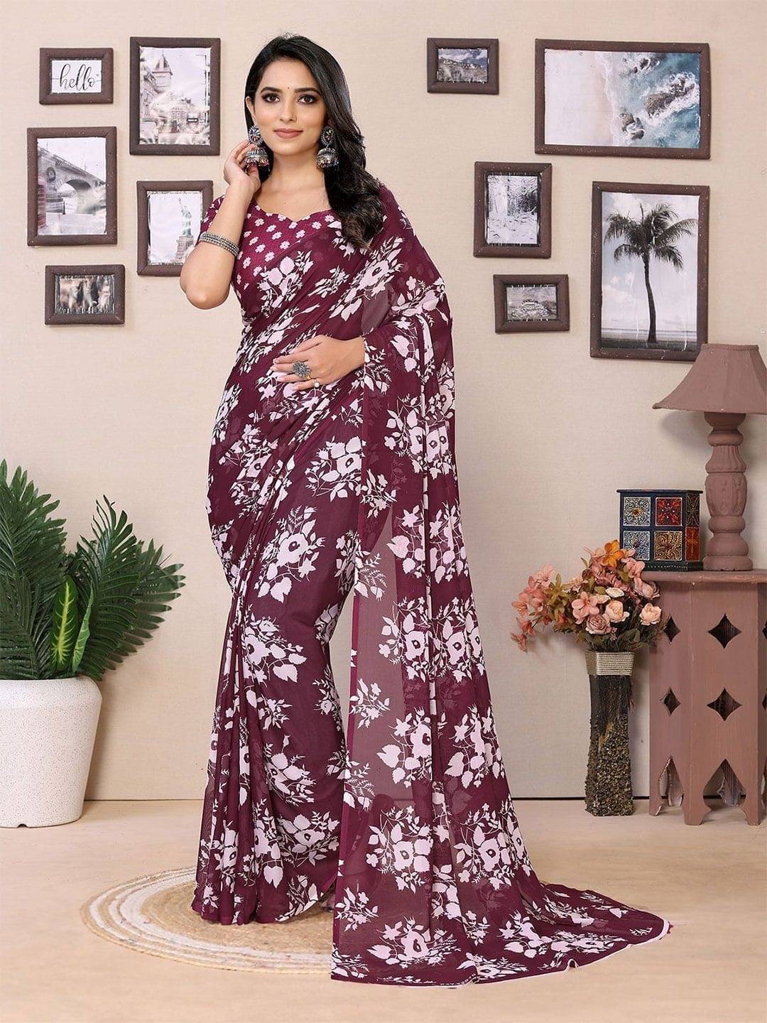 ANAND SAREES Georgette Printed Saree With Unstitched Blouse Piece ( Maroon ) ANAND SAREES Georgette Printed Saree With Unstitched Blouse Piece ( Maroon )