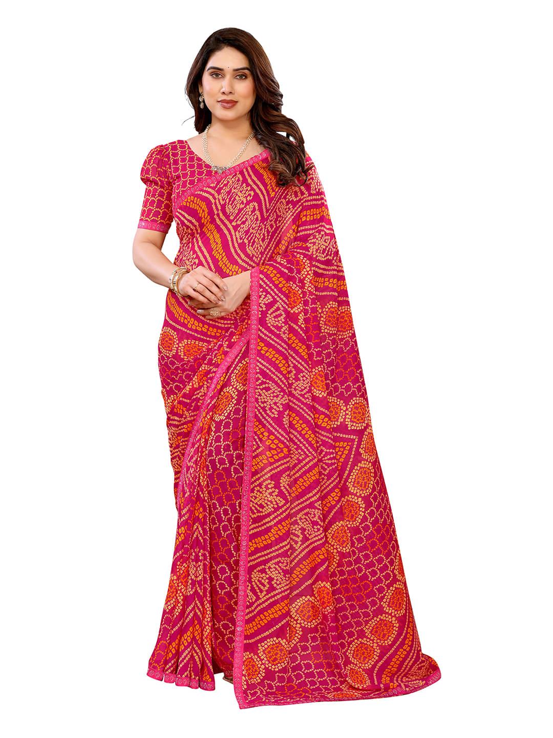     			ANAND SAREES Georgette Printed Bandhani Sarees With Unstitched Blouse Piece ( Pink )