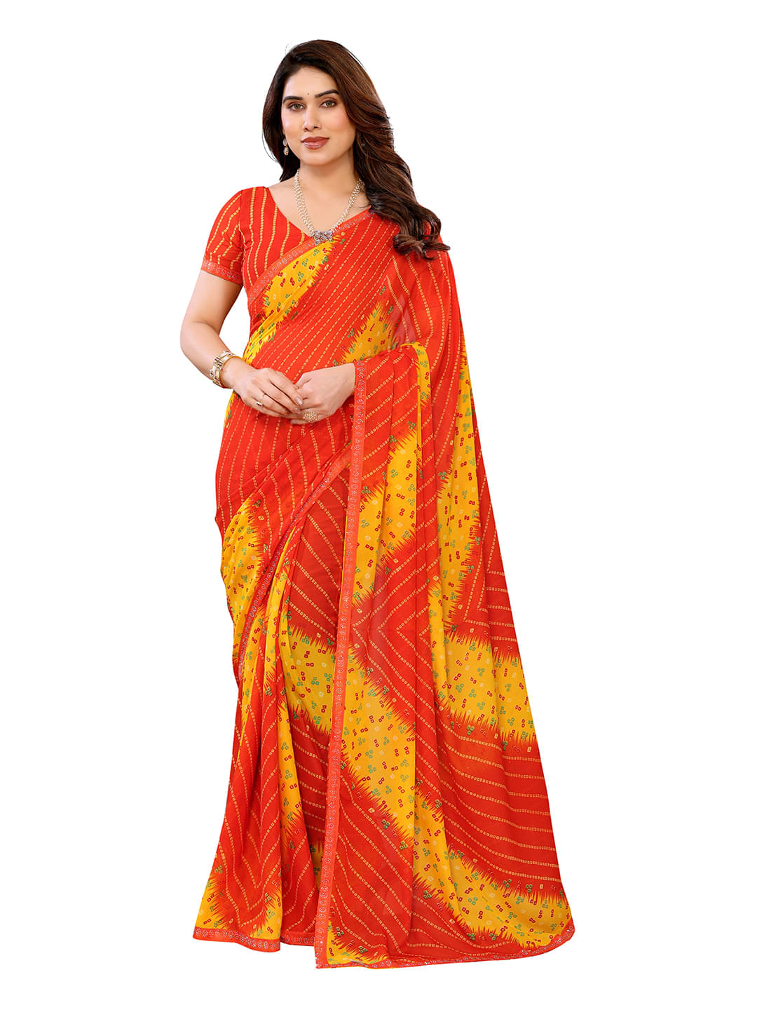 ANAND SAREES Georgette Printed Bandhani Sarees With Unstitched Blouse Piece ( Red ) ANAND SAREES Georgette Printed Bandhani Sarees With Unstitched Blouse Piece ( Red )