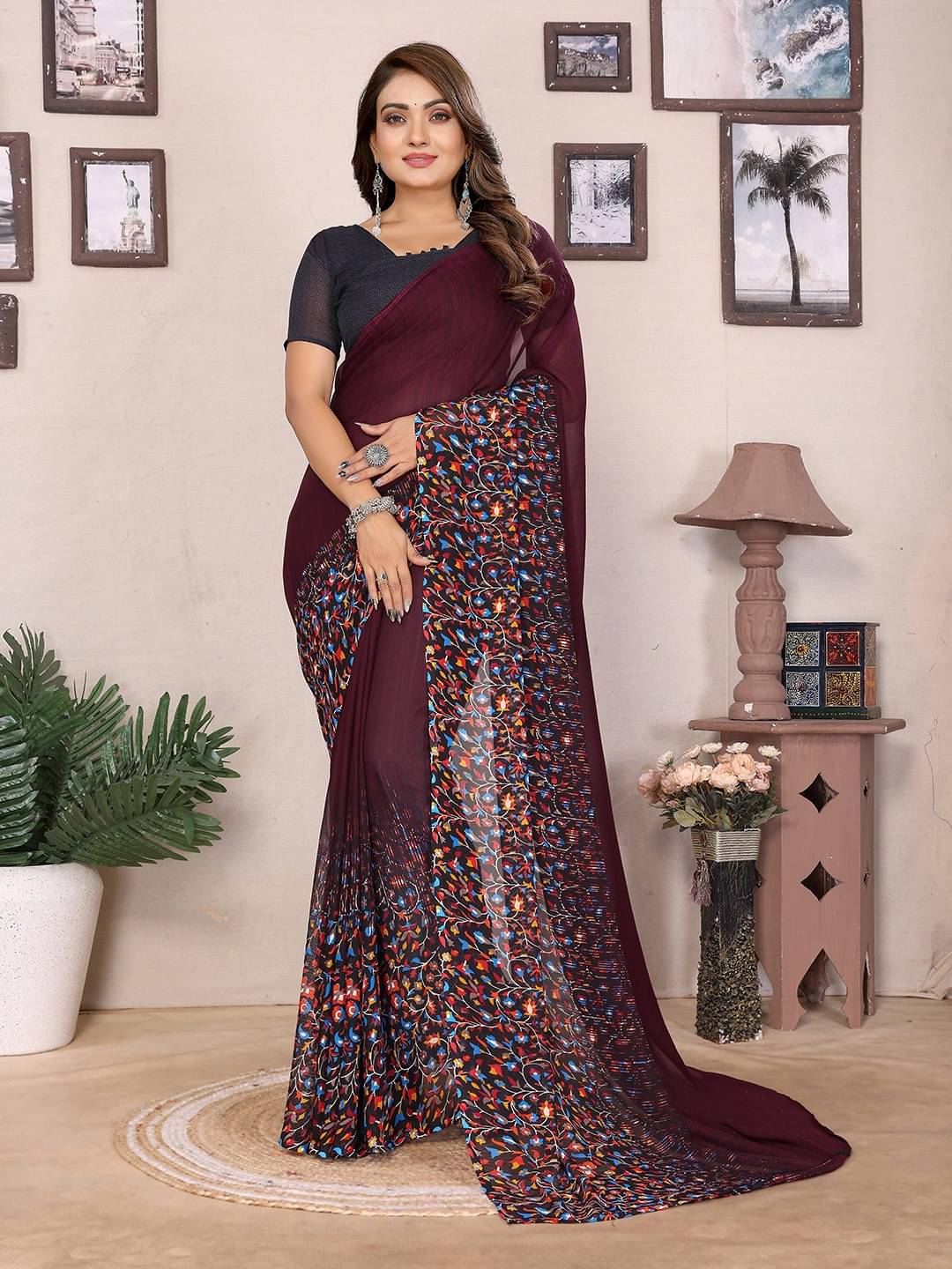 ANAND SAREES Georgette Printed Saree With Unstitched Blouse Piece ( Maroon ) ANAND SAREES Georgette Printed Saree With Unstitched Blouse Piece ( Maroon )