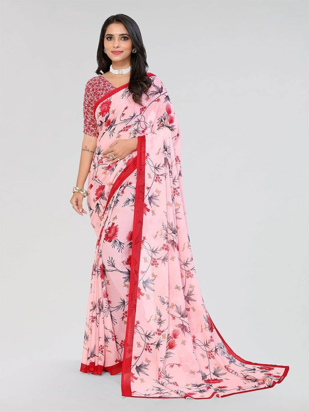 ANAND SAREES Georgette Printed Saree With Unstitched Blouse Piece ( Pink ) ANAND SAREES Georgette Printed Saree With Unstitched Blouse Piece ( Pink )