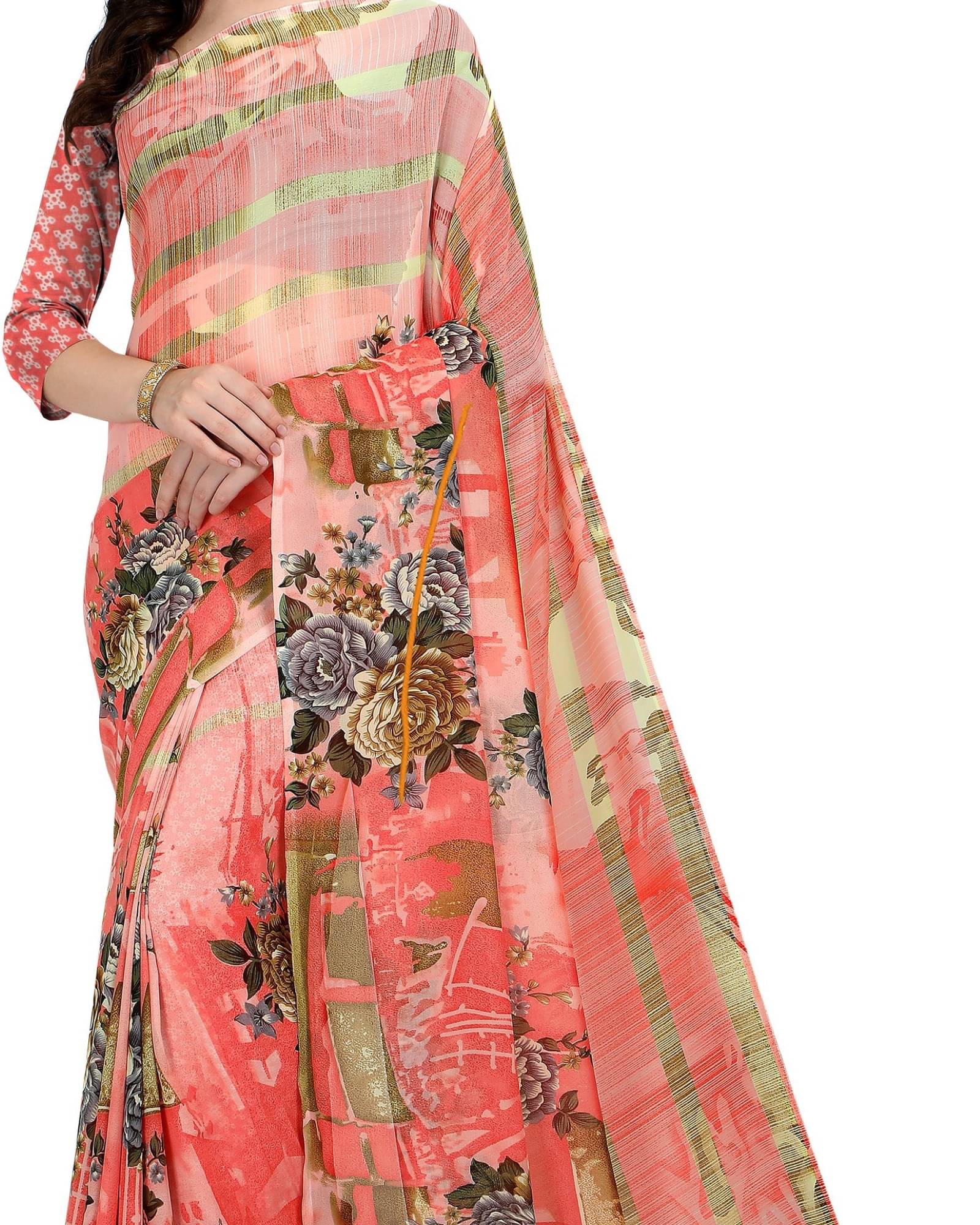 ANAND SAREES Georgette Printed Saree With Unstitched Blouse Piece ( Pink ) ANAND SAREES Georgette Printed Saree With Unstitched Blouse Piece ( Pink )