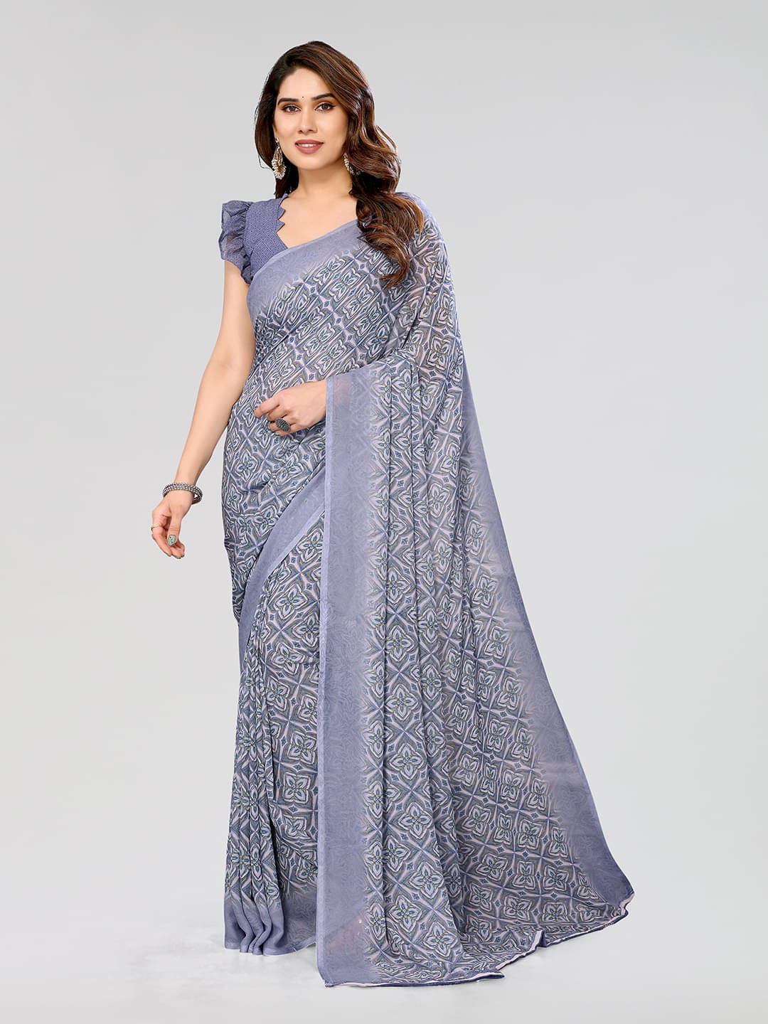 ANAND SAREES Georgette Printed Chanderi saree With Unstitched Blouse Piece ( Grey ) ANAND SAREES Georgette Printed Chanderi saree With Unstitched Blouse Piece ( Grey )
