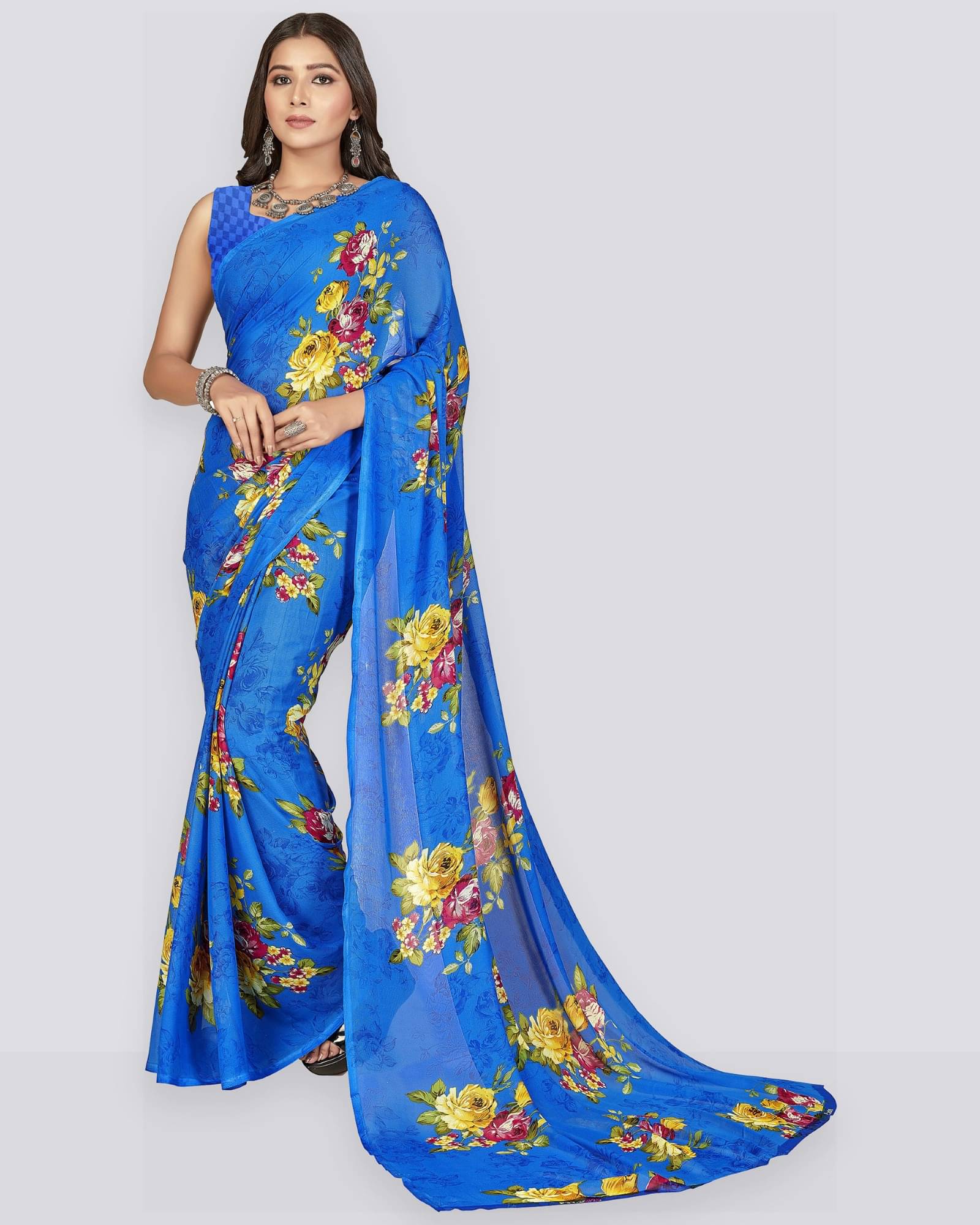     			ANAND SAREES Georgette Printed Saree With Unstitched Blouse Piece ( Blue )