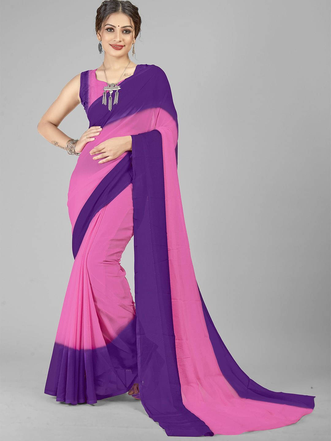 ANAND SAREES Georgette Printed Saree With Unstitched Blouse Piece ( Purple ) ANAND SAREES Georgette Printed Saree With Unstitched Blouse Piece ( Purple )