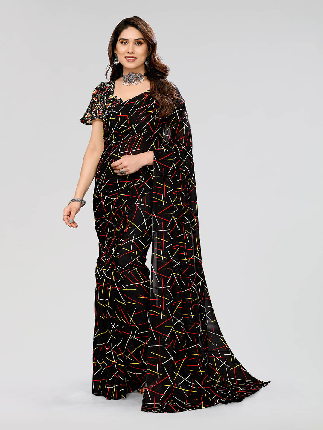 ANAND SAREES Georgette Printed Chanderi saree With Unstitched Blouse Piece ( Black ) ANAND SAREES Georgette Printed Chanderi saree With Unstitched Blouse Piece ( Black )