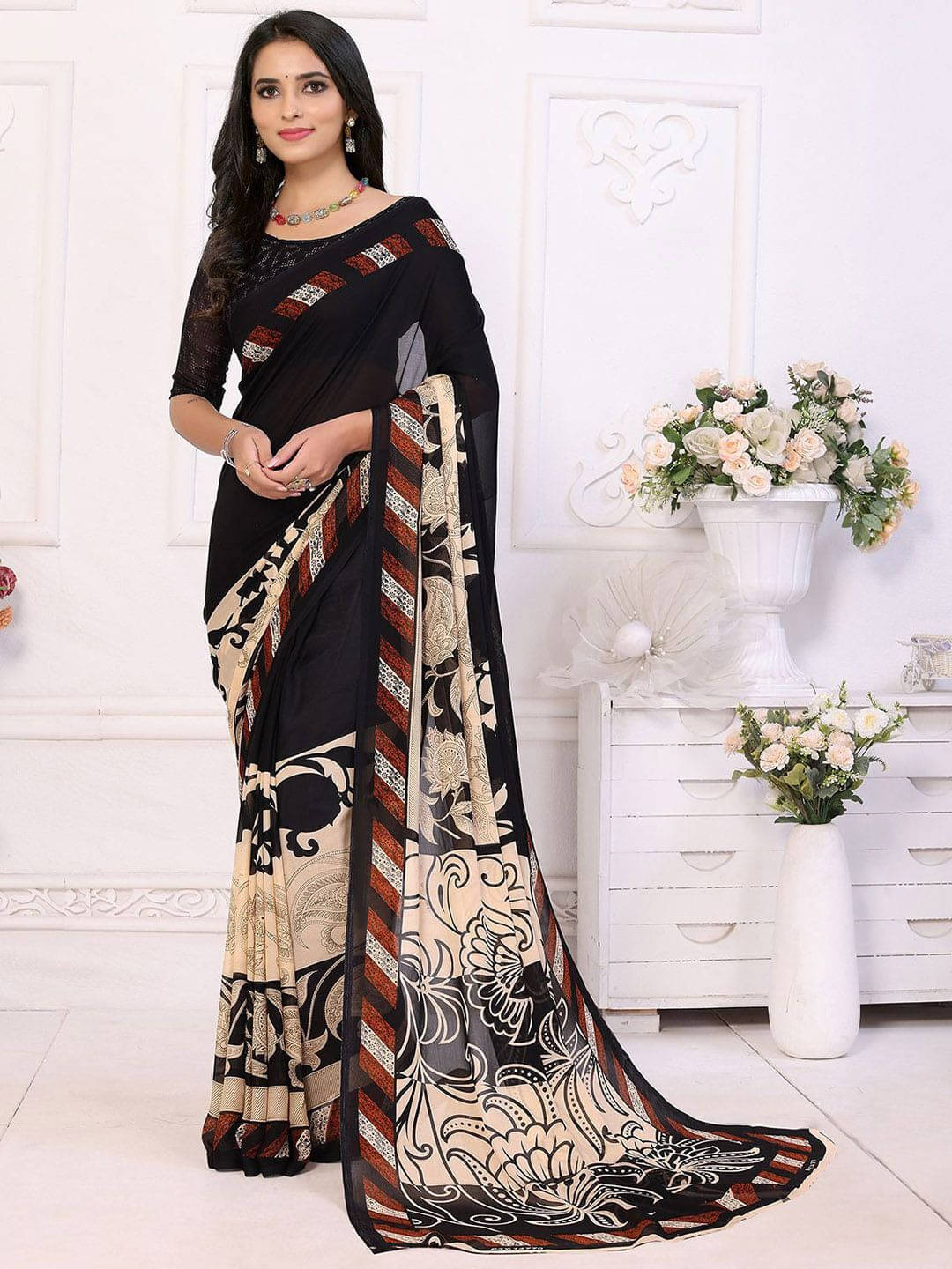     			ANAND SAREES Georgette Printed Saree With Unstitched Blouse Piece ( Black )