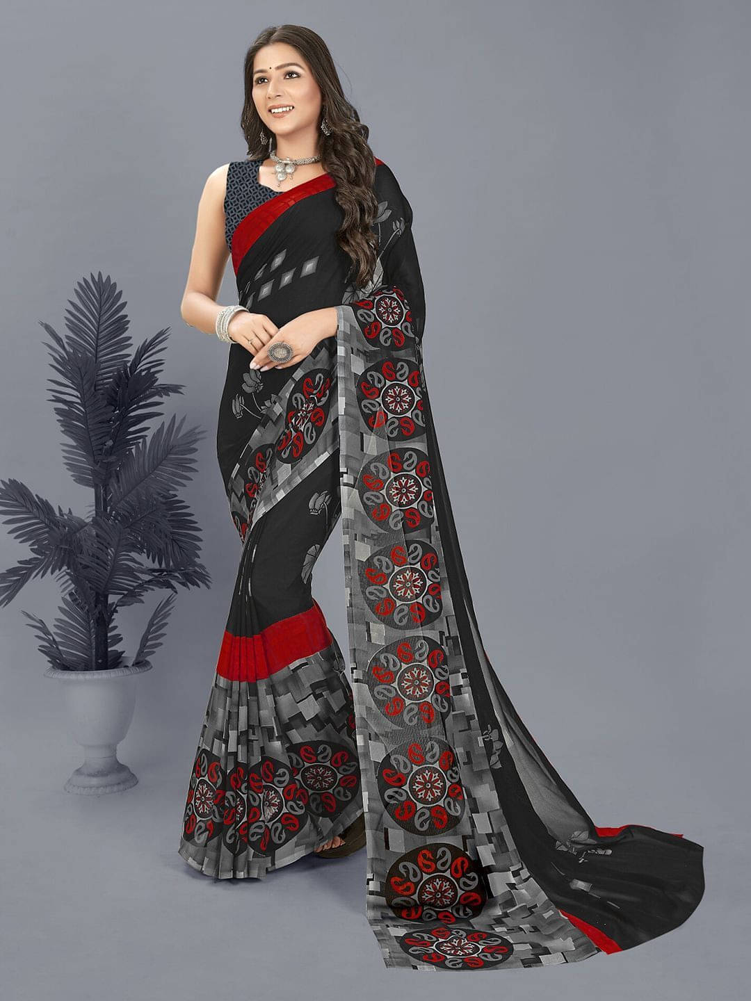 ANAND SAREES Georgette Printed Saree With Unstitched Blouse Piece ( Black ) ANAND SAREES Georgette Printed Saree With Unstitched Blouse Piece ( Black )