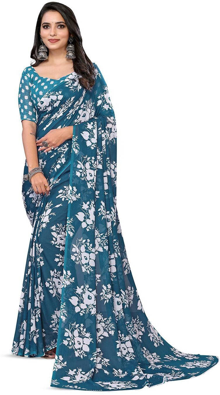 ANAND SAREES Georgette Printed Saree With Unstitched Blouse Piece ( Blue ) ANAND SAREES Georgette Printed Saree With Unstitched Blouse Piece ( Blue )