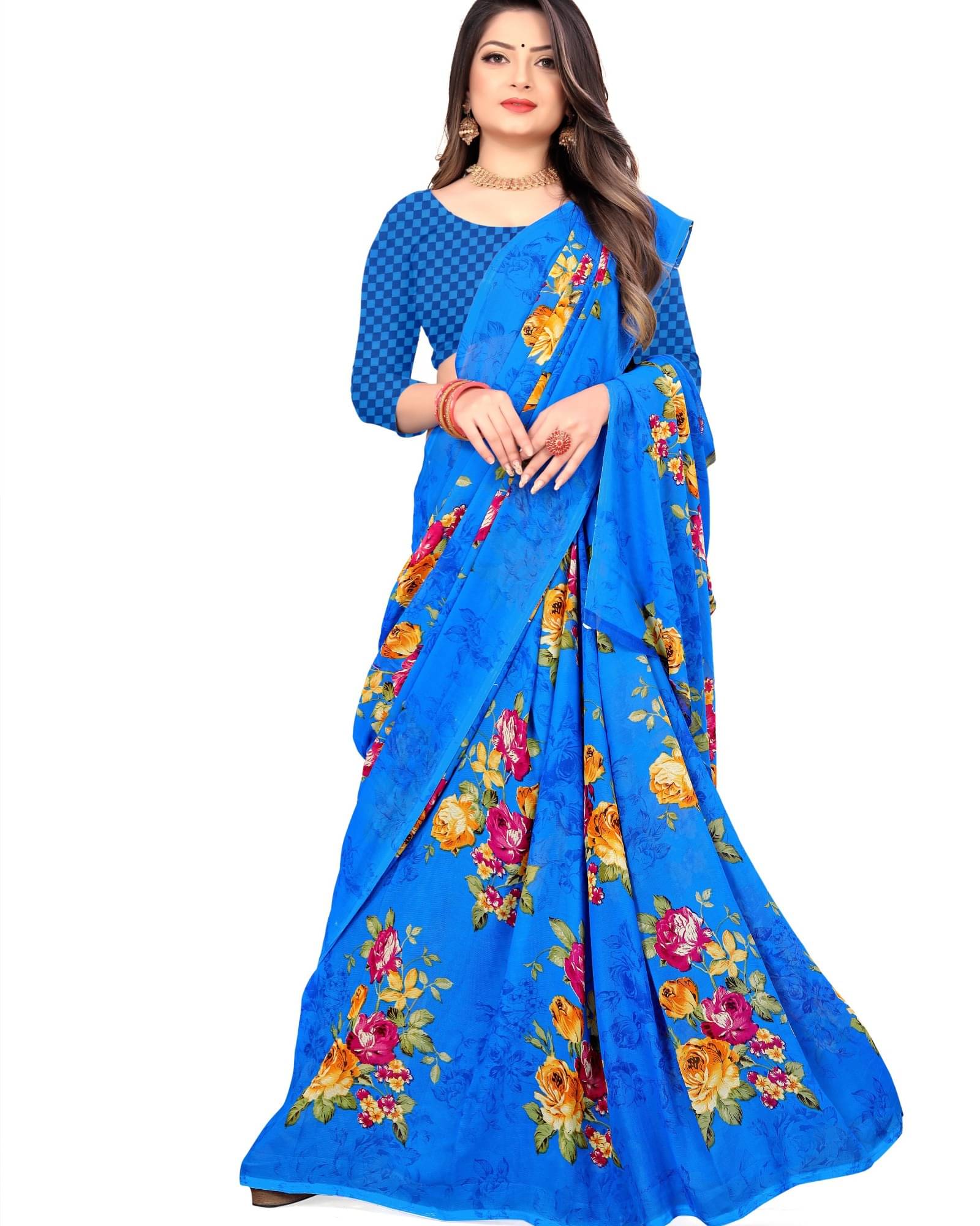 ANAND SAREES Georgette Printed Saree With Unstitched Blouse Piece ( Light Blue ) ANAND SAREES Georgette Printed Saree With Unstitched Blouse Piece ( Light Blue )