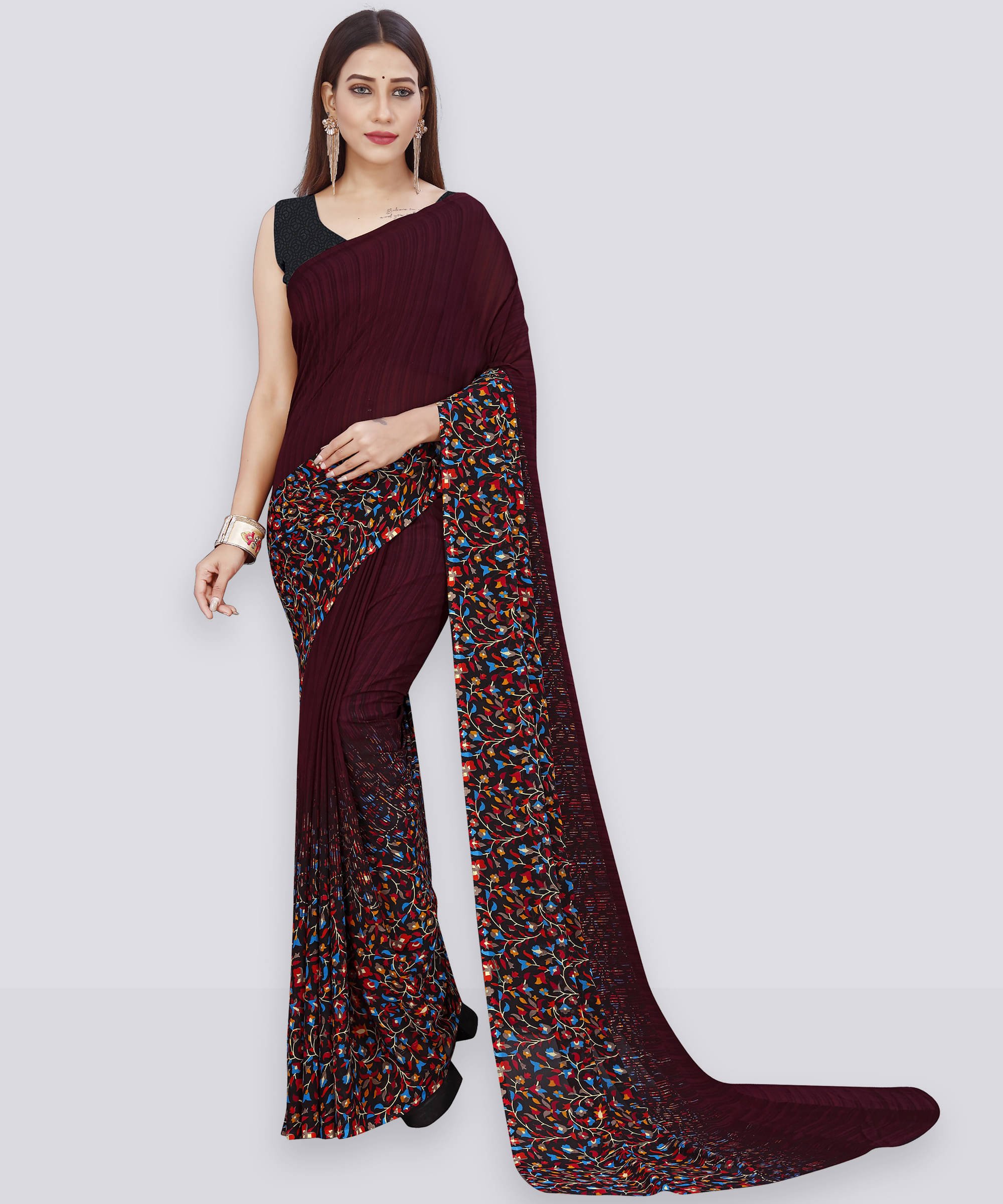 ANAND SAREES Georgette Printed Saree With Unstitched Blouse Piece ( Brown ) ANAND SAREES Georgette Printed Saree With Unstitched Blouse Piece ( Brown )