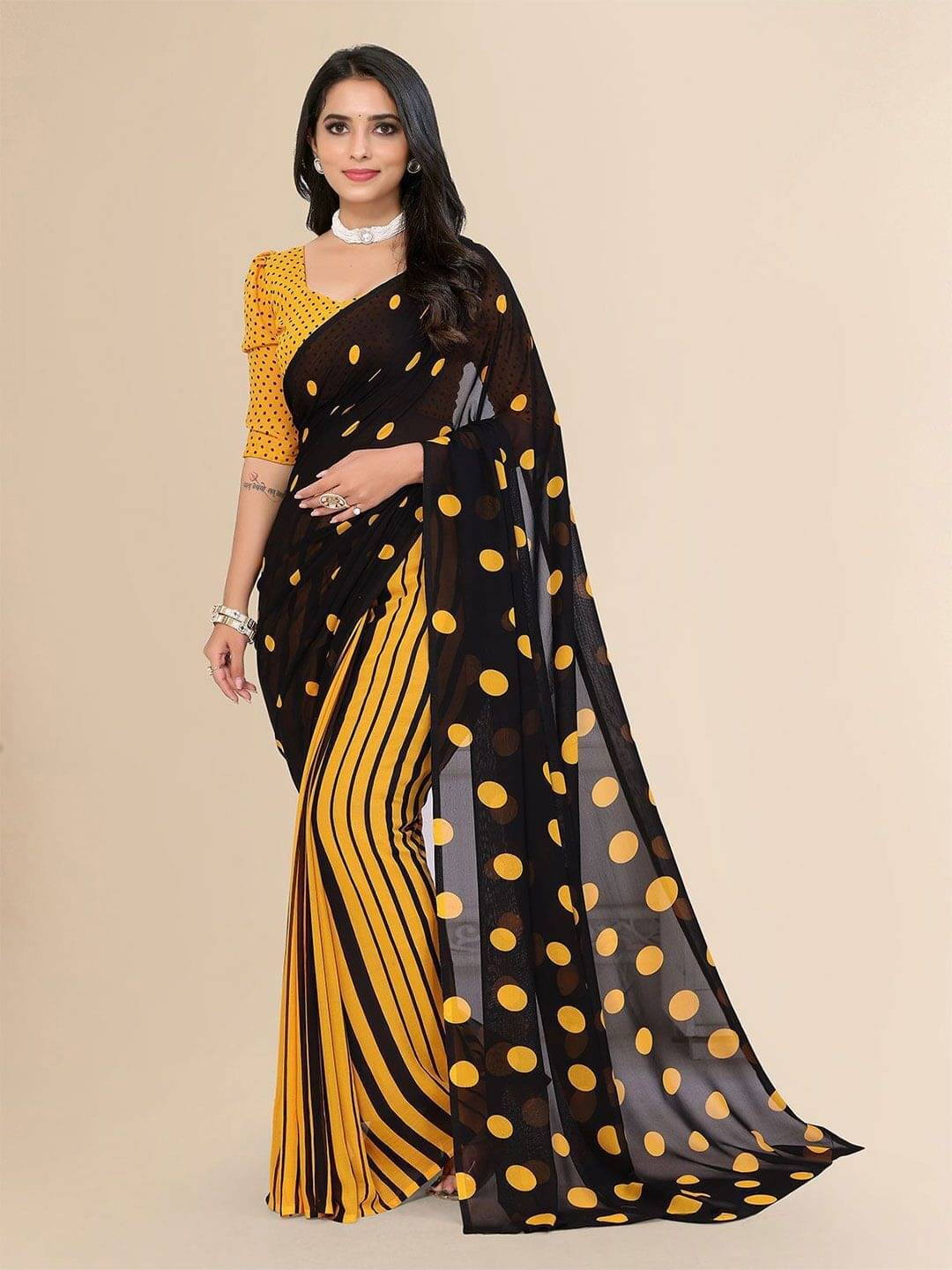     			ANAND SAREES Georgette Printed Saree With Unstitched Blouse Piece ( Yellow )