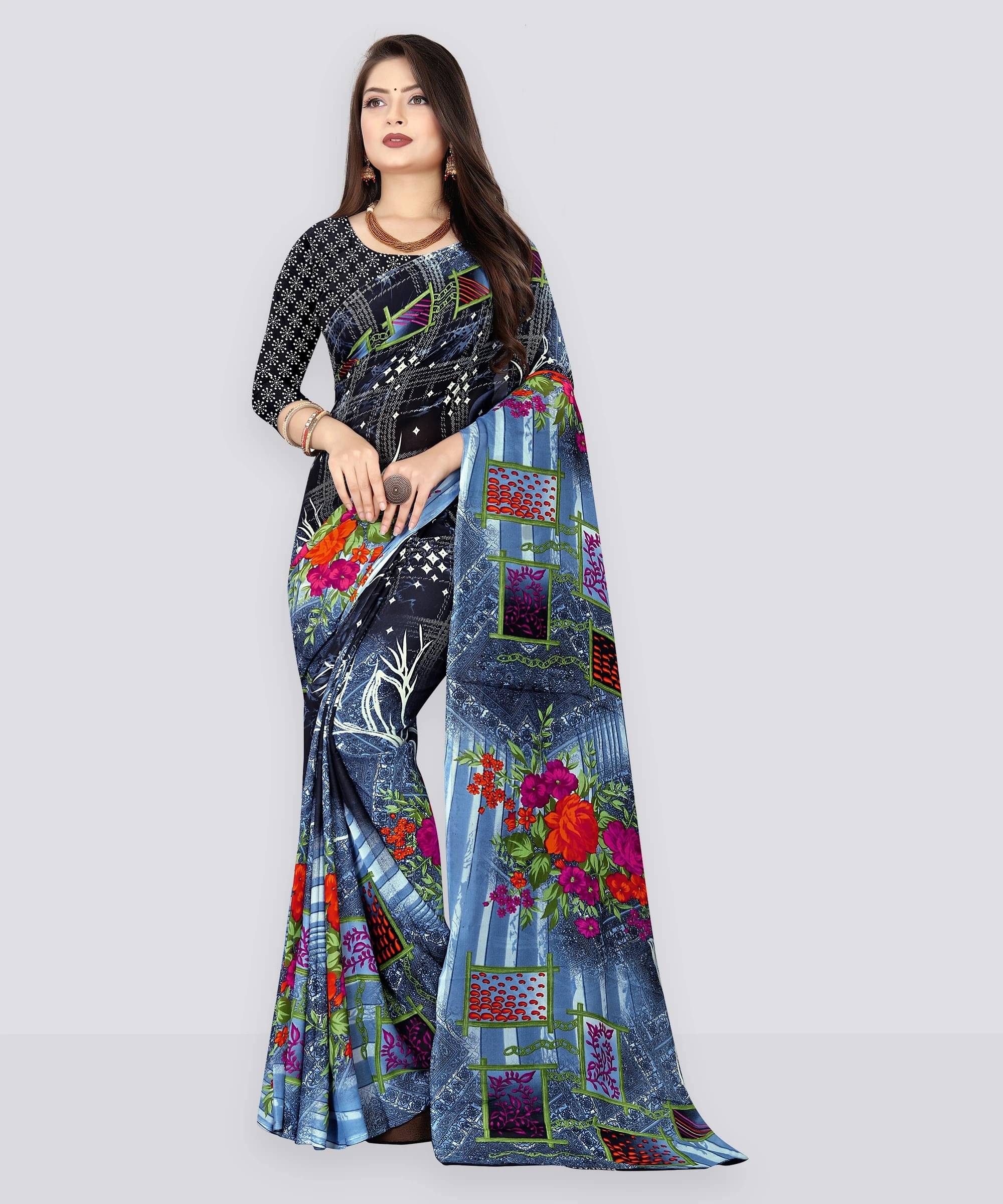 ANAND SAREES Georgette Printed Saree With Unstitched Blouse Piece ( Grey ) ANAND SAREES Georgette Printed Saree With Unstitched Blouse Piece ( Grey )