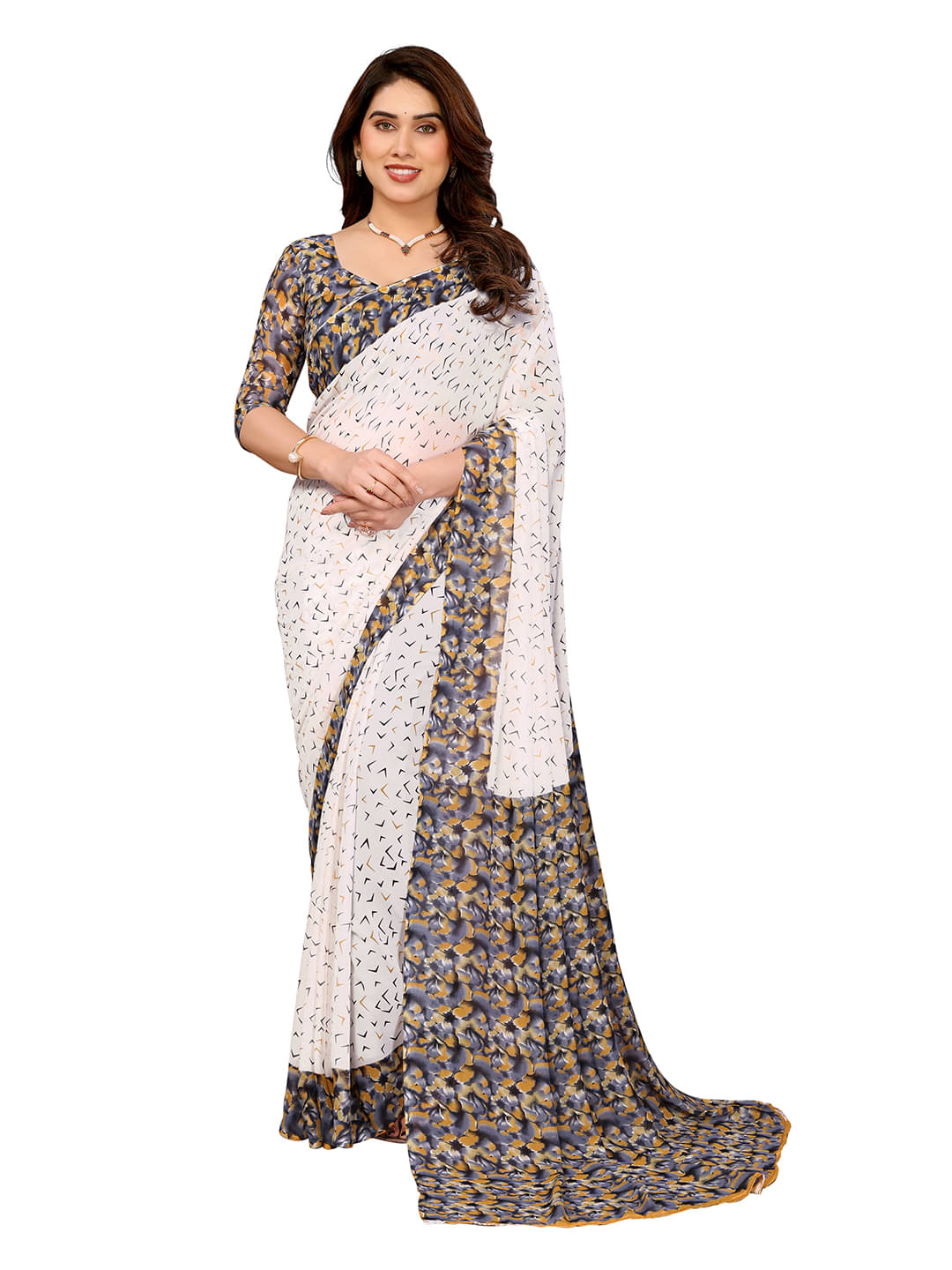     			ANAND SAREES Georgette Printed Ilkal Saree With Unstitched Blouse Piece ( White )