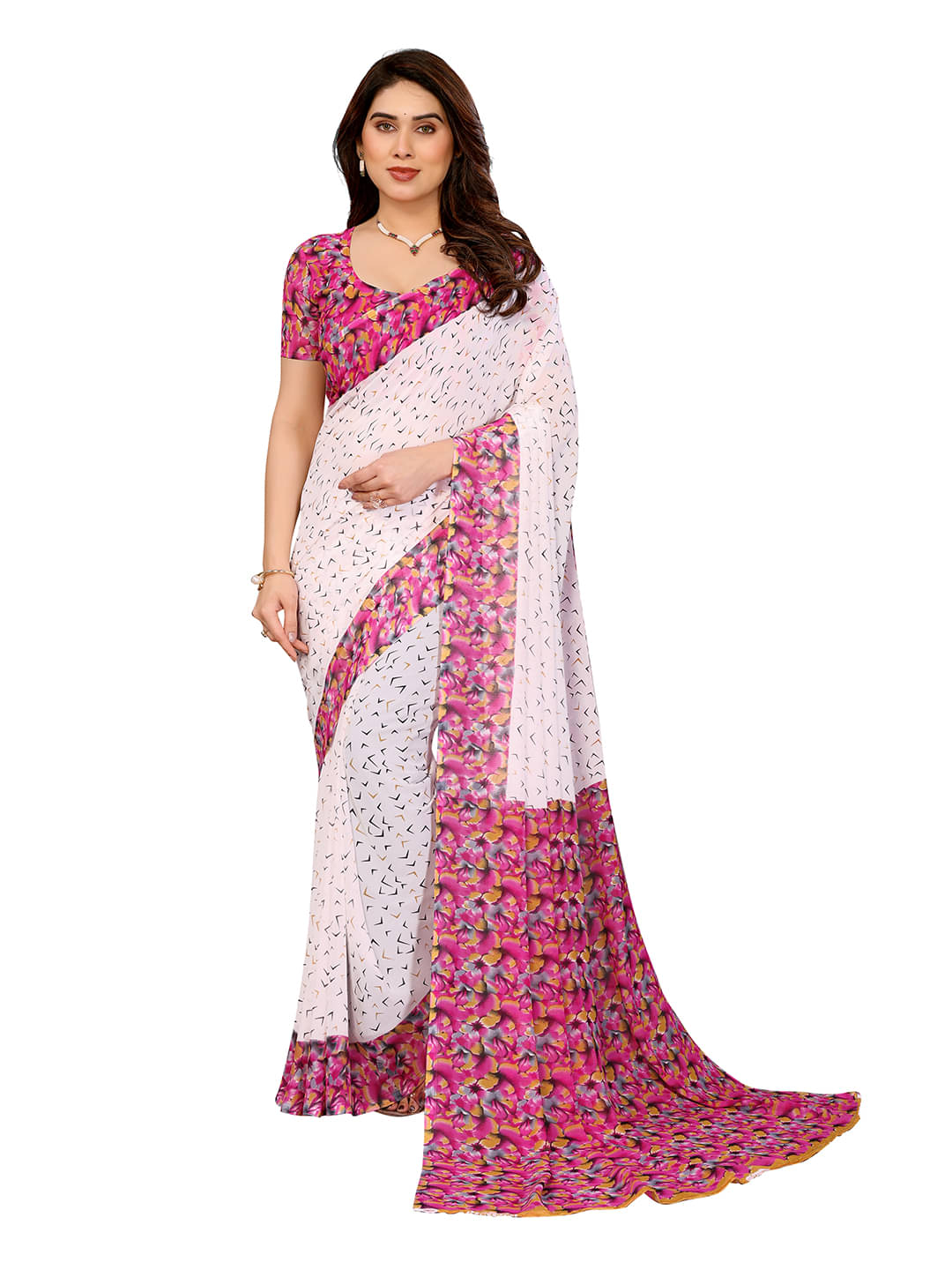     			ANAND SAREES Georgette Printed Ilkal Saree With Unstitched Blouse Piece ( White )