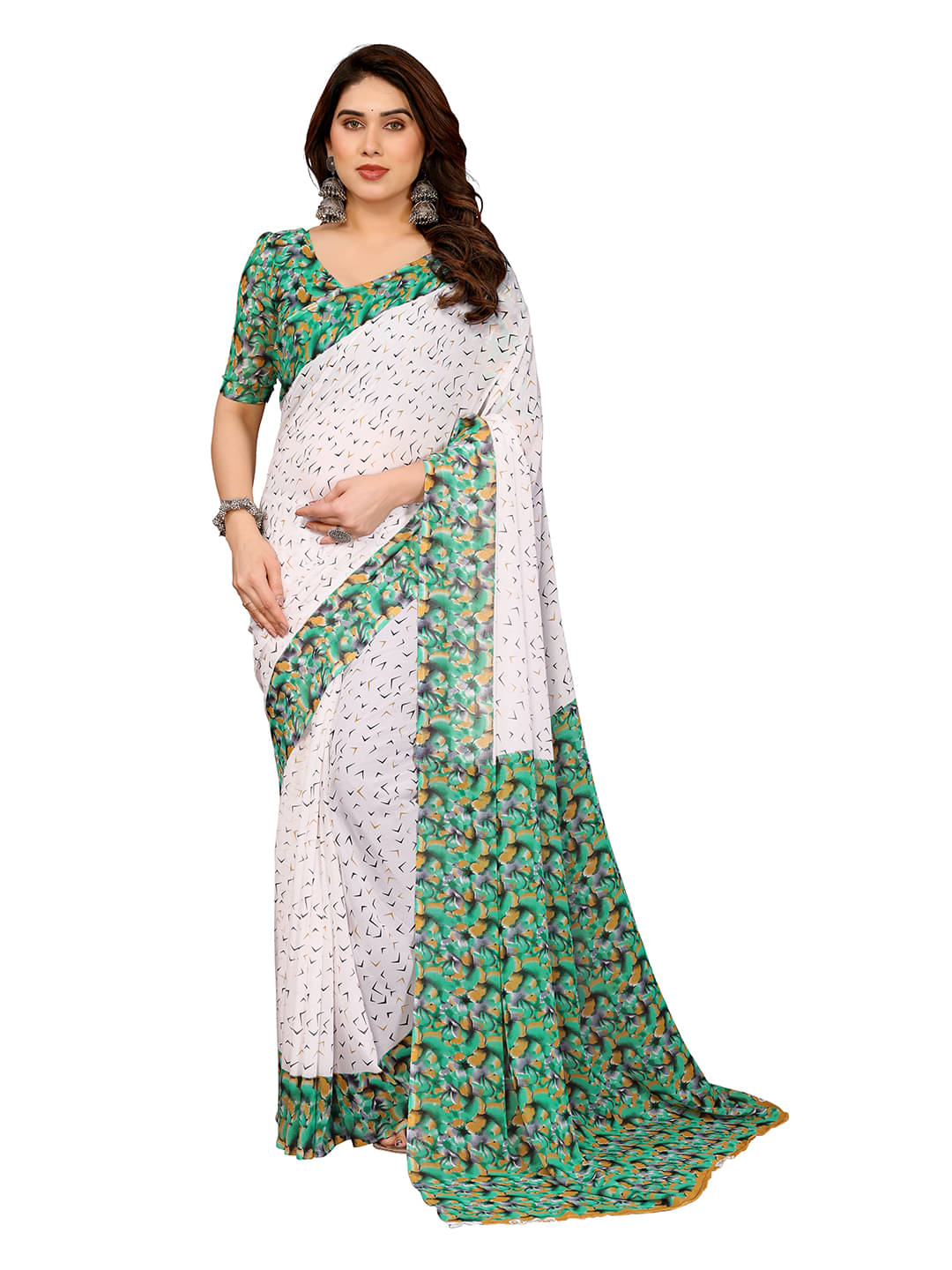     			ANAND SAREES Georgette Printed Ilkal Saree With Unstitched Blouse Piece ( White )