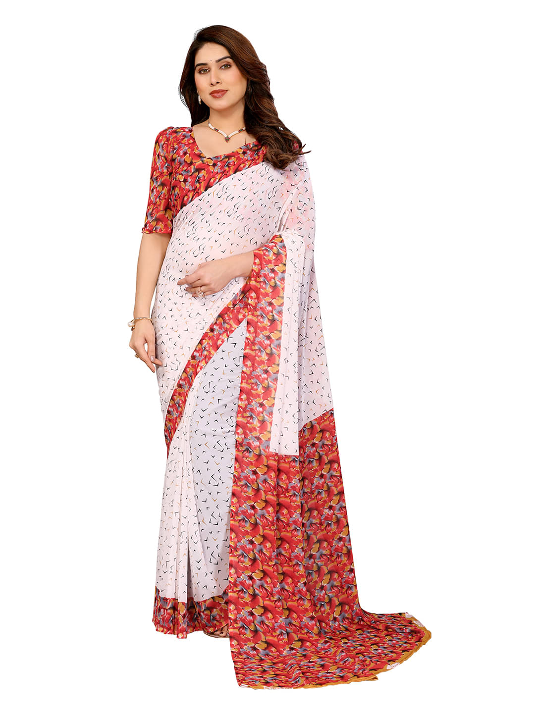 ANAND SAREES Georgette Printed Ilkal Saree With Unstitched Blouse Piece ( White ) ANAND SAREES Georgette Printed Ilkal Saree With Unstitched Blouse Piece ( White )