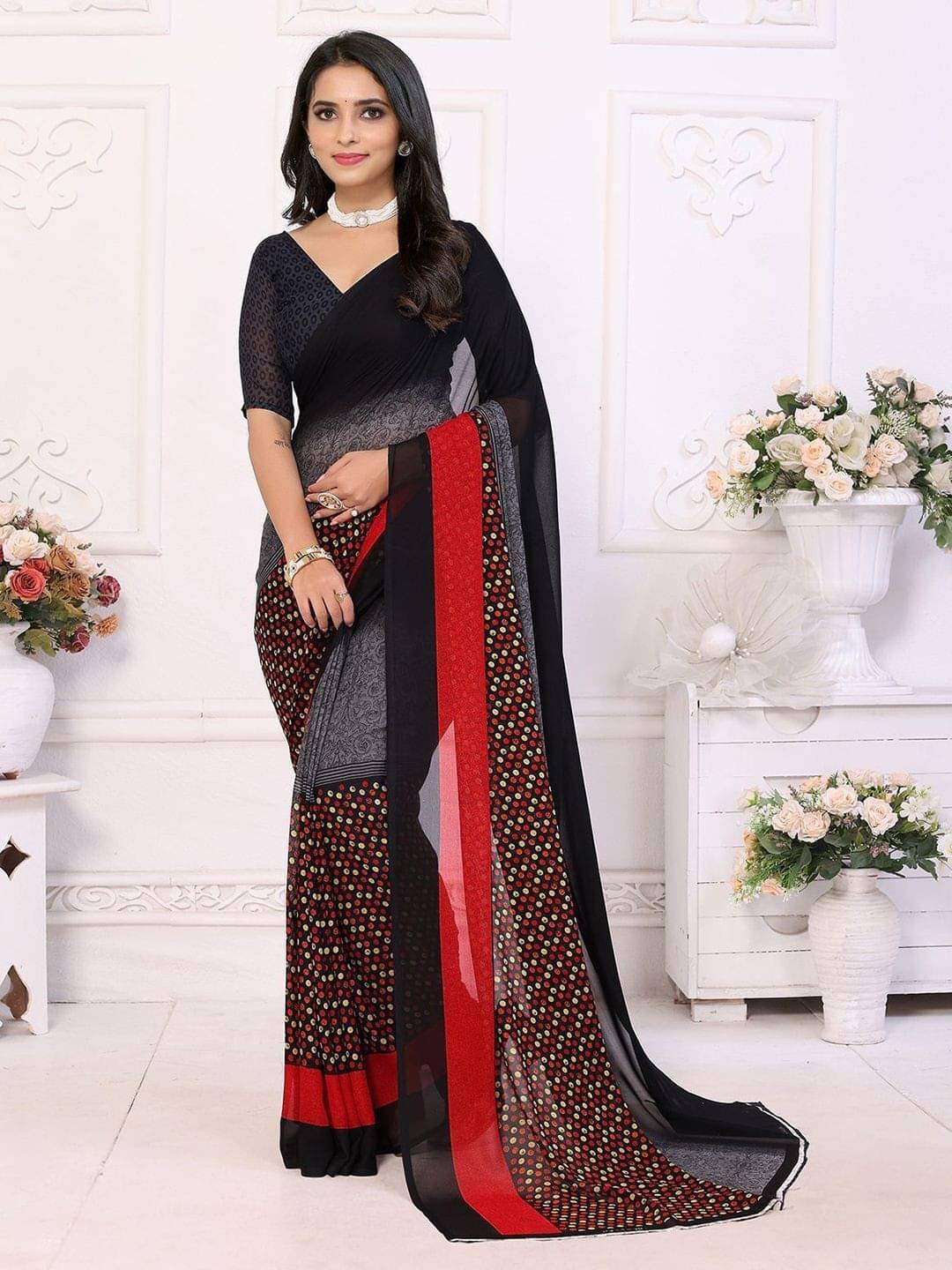 ANAND SAREES Georgette Printed Saree With Unstitched Blouse Piece ( Black ) ANAND SAREES Georgette Printed Saree With Unstitched Blouse Piece ( Black )