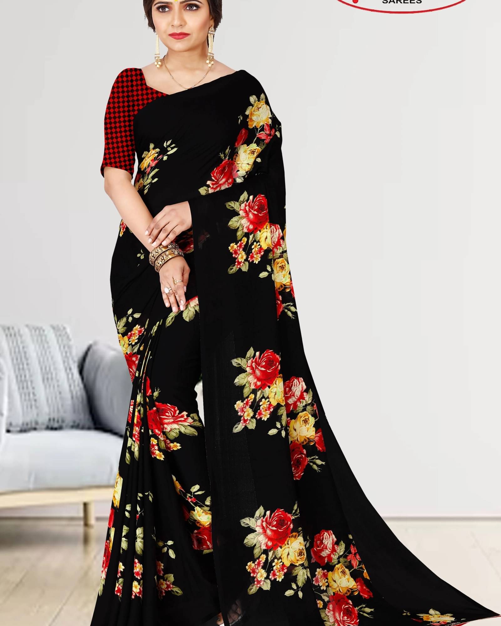 ANAND SAREES Georgette Printed Saree With Unstitched Blouse Piece ( Black ) ANAND SAREES Georgette Printed Saree With Unstitched Blouse Piece ( Black )