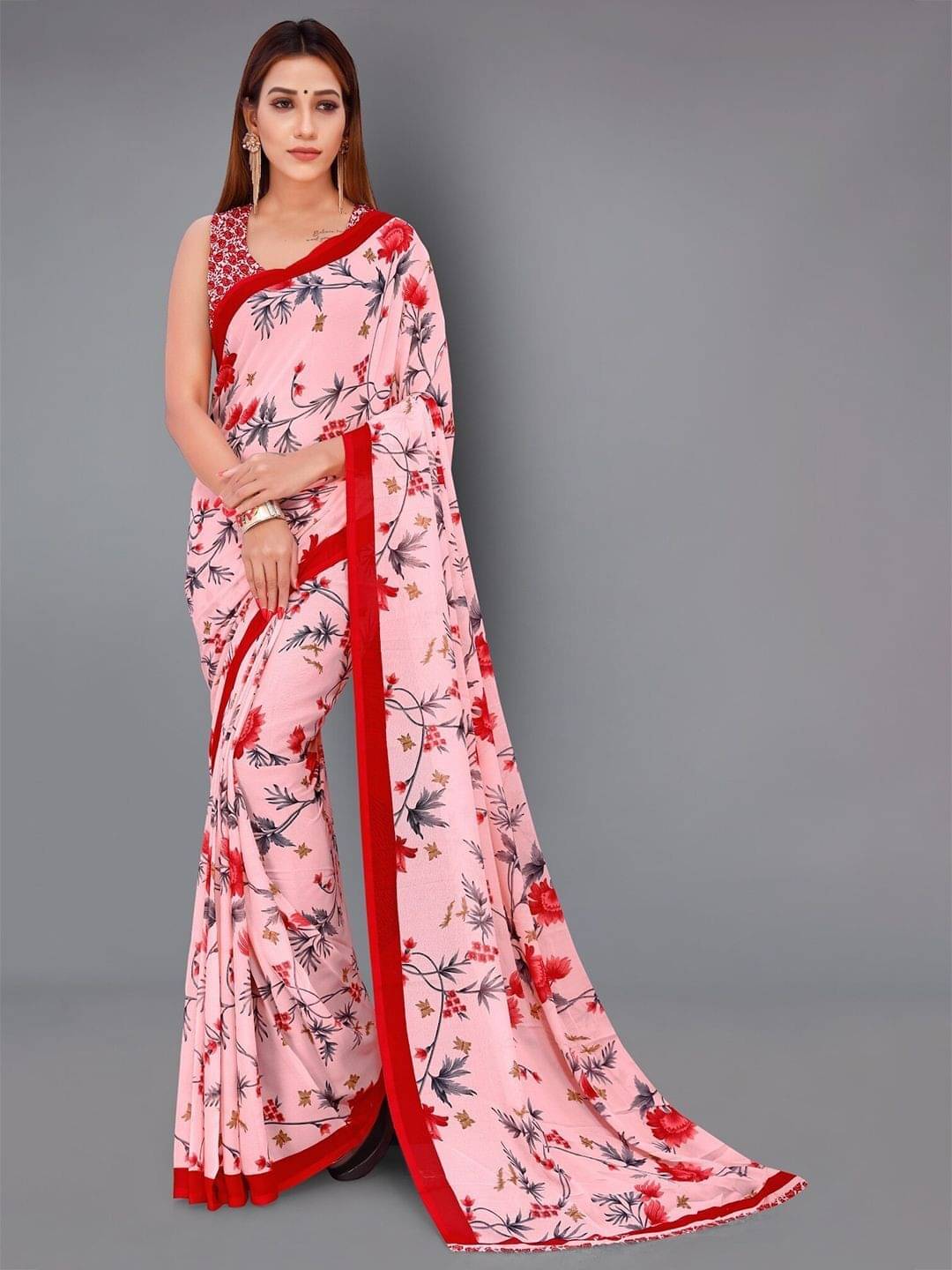 ANAND SAREES Georgette Printed Saree With Unstitched Blouse Piece ( Pink ) ANAND SAREES Georgette Printed Saree With Unstitched Blouse Piece ( Pink )