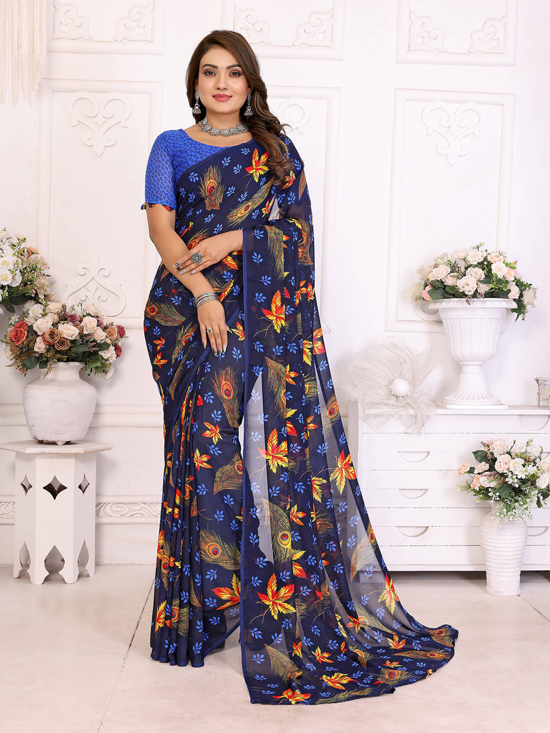     			ANAND SAREES Georgette Printed Saree With Unstitched Blouse Piece ( Navy Blue )