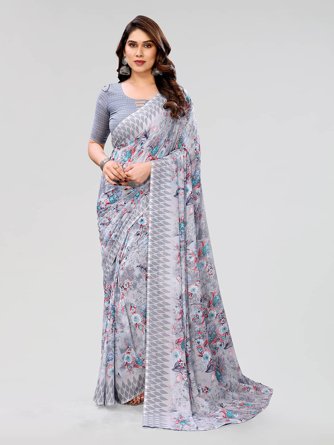     			ANAND SAREES Georgette Printed Chanderi saree With Unstitched Blouse Piece ( Grey )