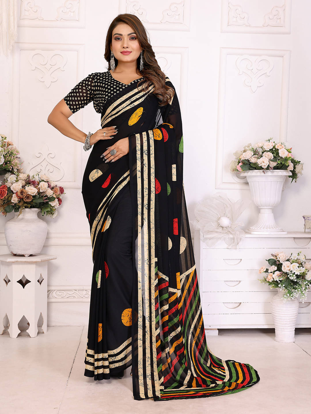 ANAND SAREES Georgette Printed Saree With Unstitched Blouse Piece ( Multicolor ) ANAND SAREES Georgette Printed Saree With Unstitched Blouse Piece ( Multicolor )