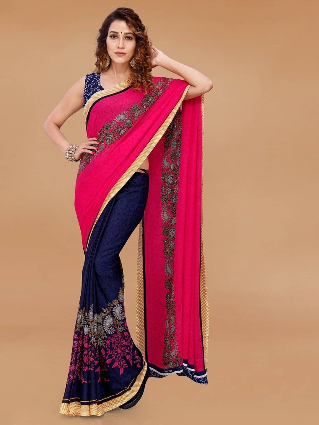 ANAND SAREES Georgette Printed Saree With Unstitched Blouse Piece ( Pink ) ANAND SAREES Georgette Printed Saree With Unstitched Blouse Piece ( Pink )