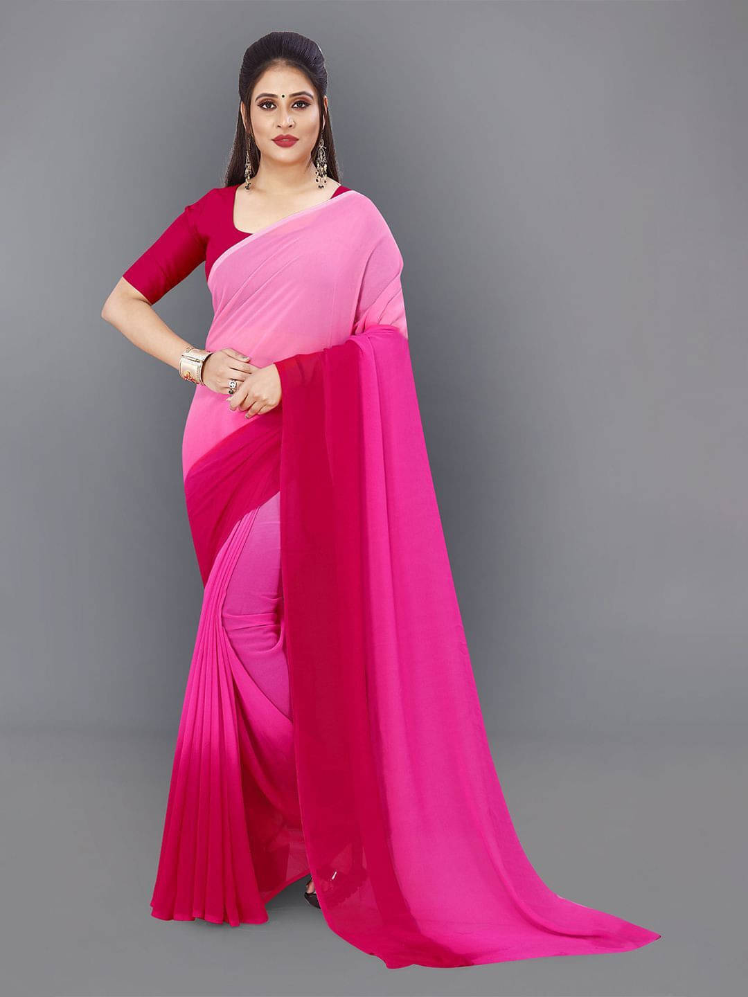 ANAND SAREES Georgette Printed Saree With Unstitched Blouse Piece ( Pink ) ANAND SAREES Georgette Printed Saree With Unstitched Blouse Piece ( Pink )