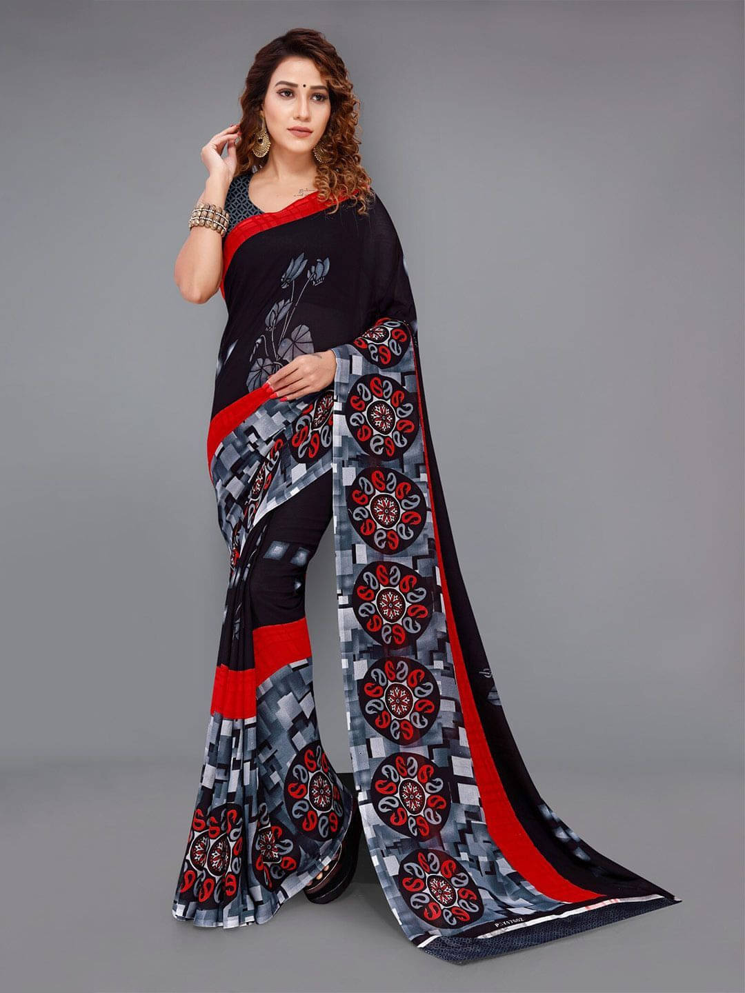 ANAND SAREES Georgette Printed Saree With Unstitched Blouse Piece ( Black ) ANAND SAREES Georgette Printed Saree With Unstitched Blouse Piece ( Black )