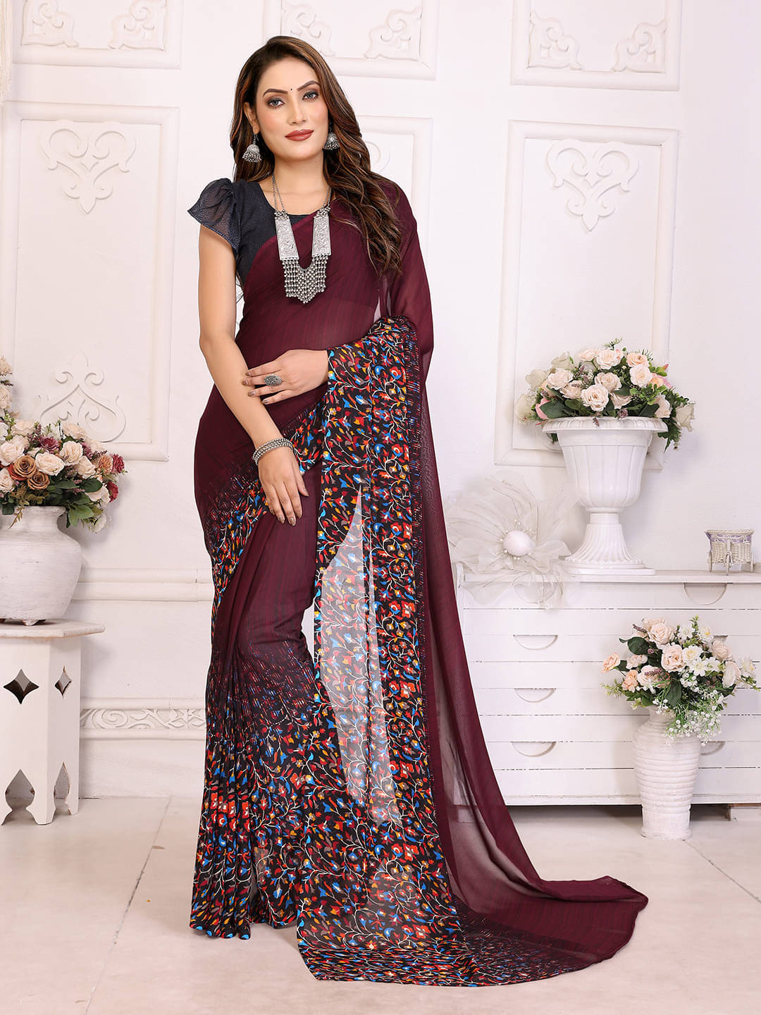 ANAND SAREES Georgette Printed Saree With Unstitched Blouse Piece ( Maroon ) ANAND SAREES Georgette Printed Saree With Unstitched Blouse Piece ( Maroon )