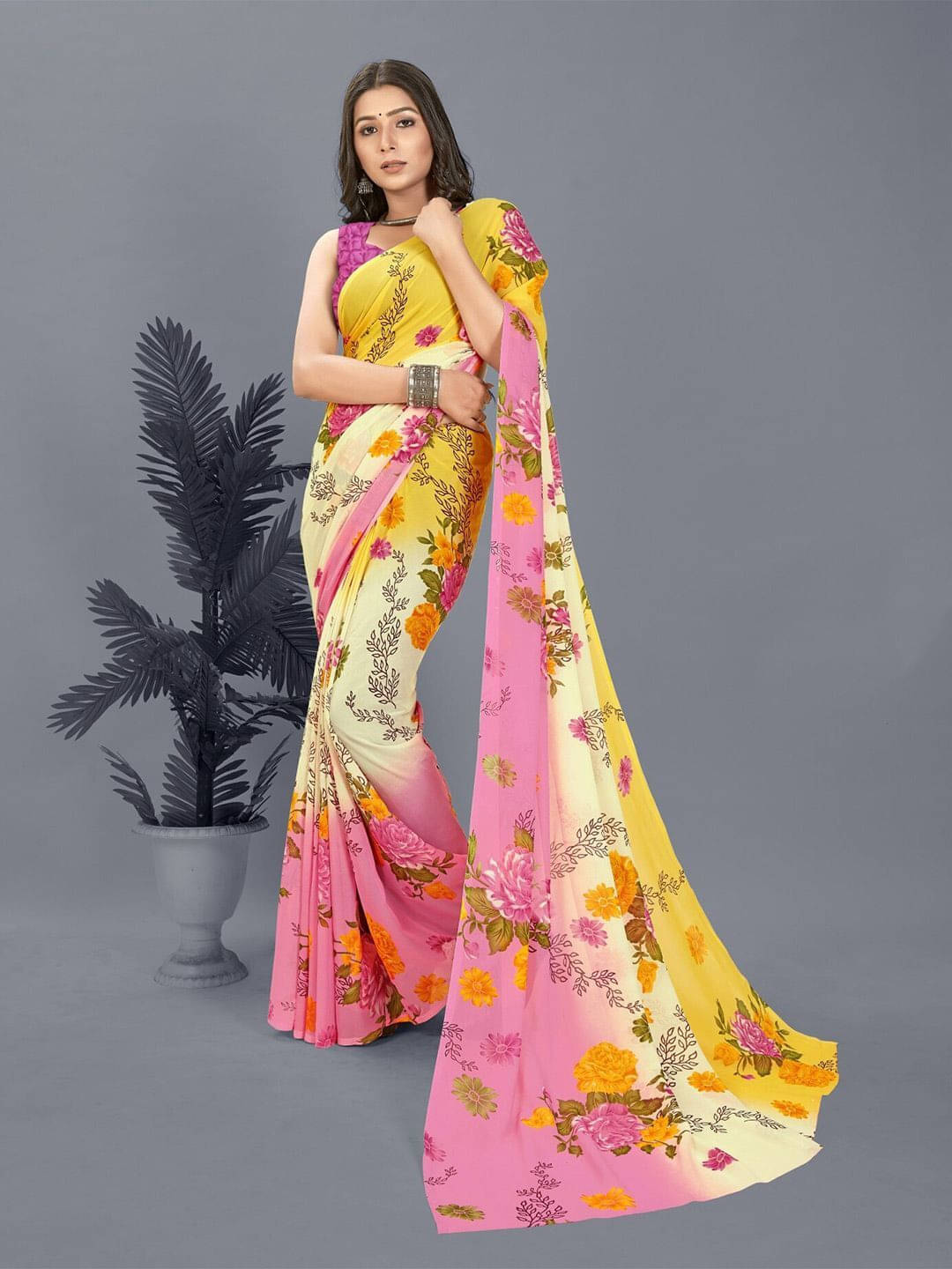 ANAND SAREES Georgette Printed Saree With Unstitched Blouse Piece ( Pink ) ANAND SAREES Georgette Printed Saree With Unstitched Blouse Piece ( Pink )