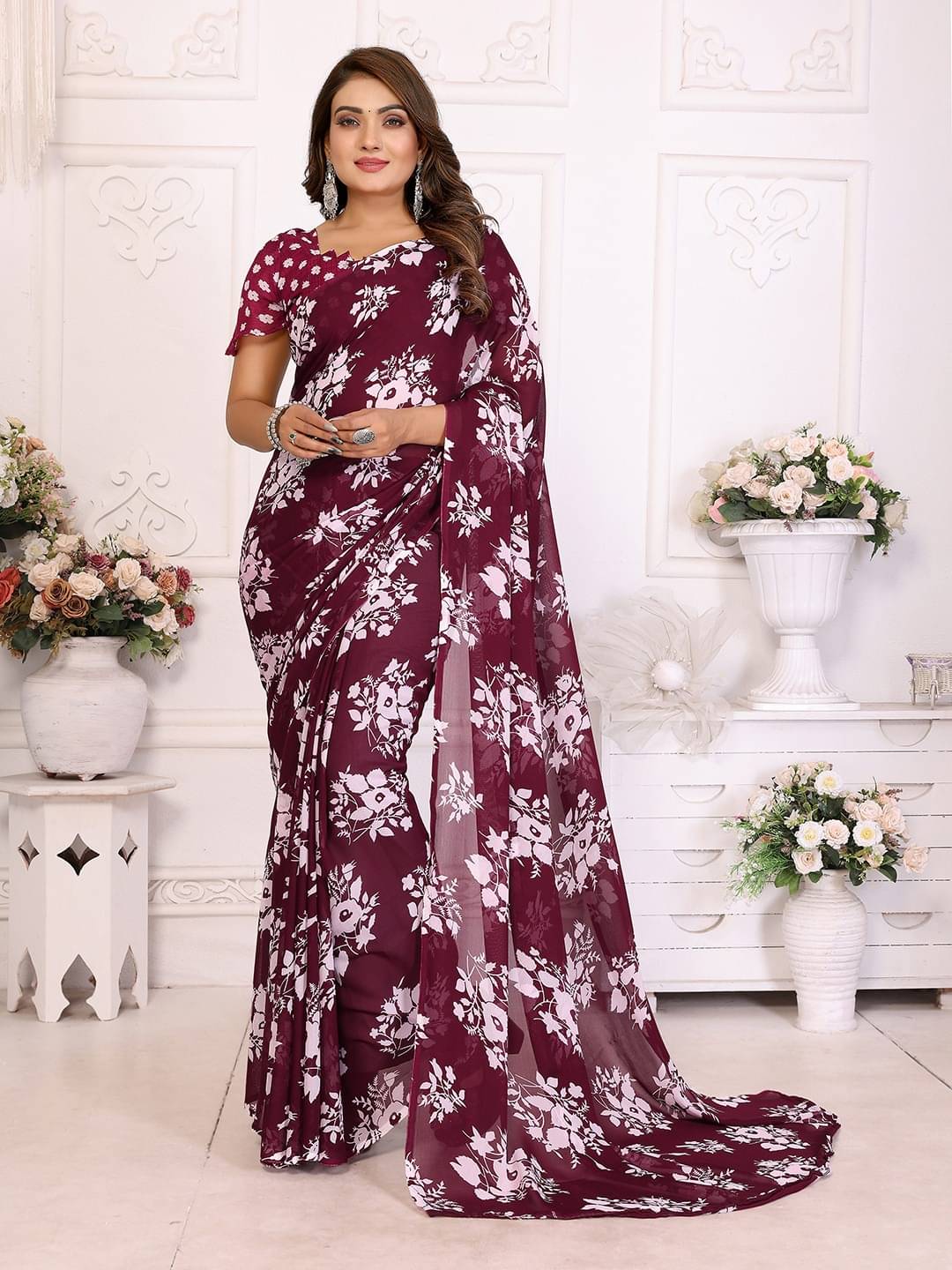     			ANAND SAREES Georgette Printed Saree With Unstitched Blouse Piece ( Maroon )