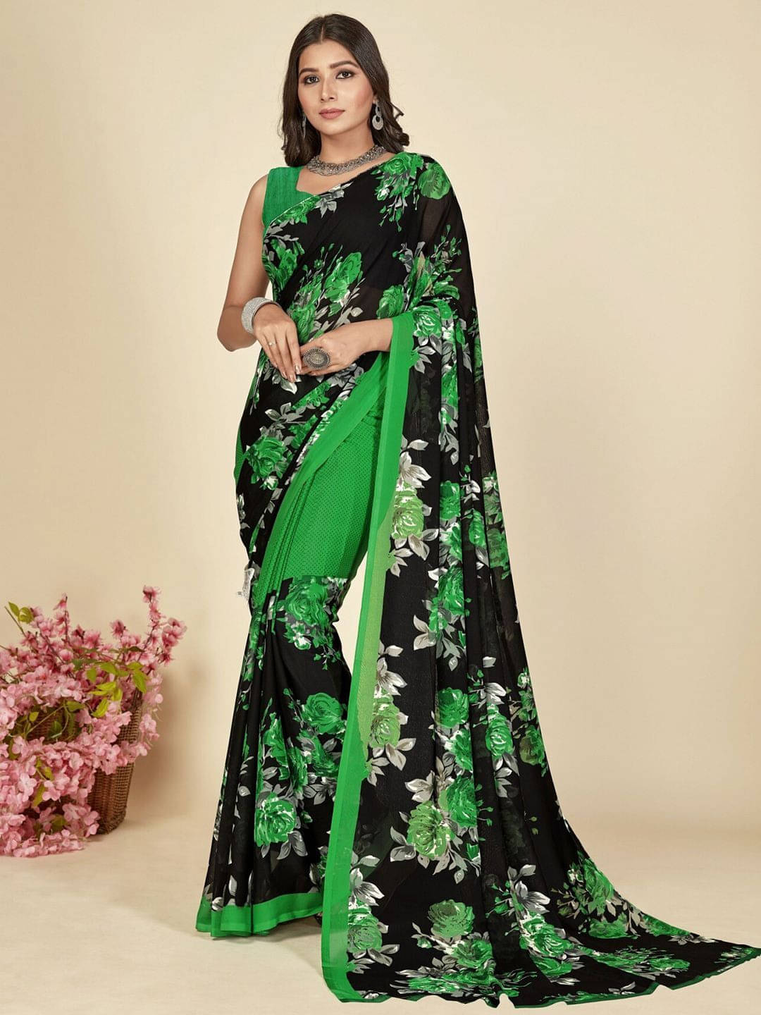     			ANAND SAREES Georgette Printed Saree With Unstitched Blouse Piece ( Green )