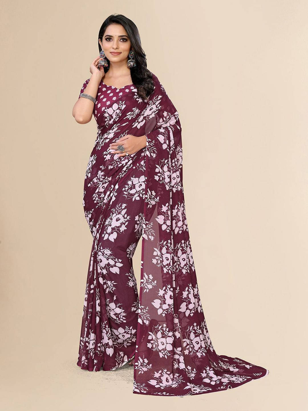     			ANAND SAREES Georgette Printed Saree With Unstitched Blouse Piece ( Maroon )