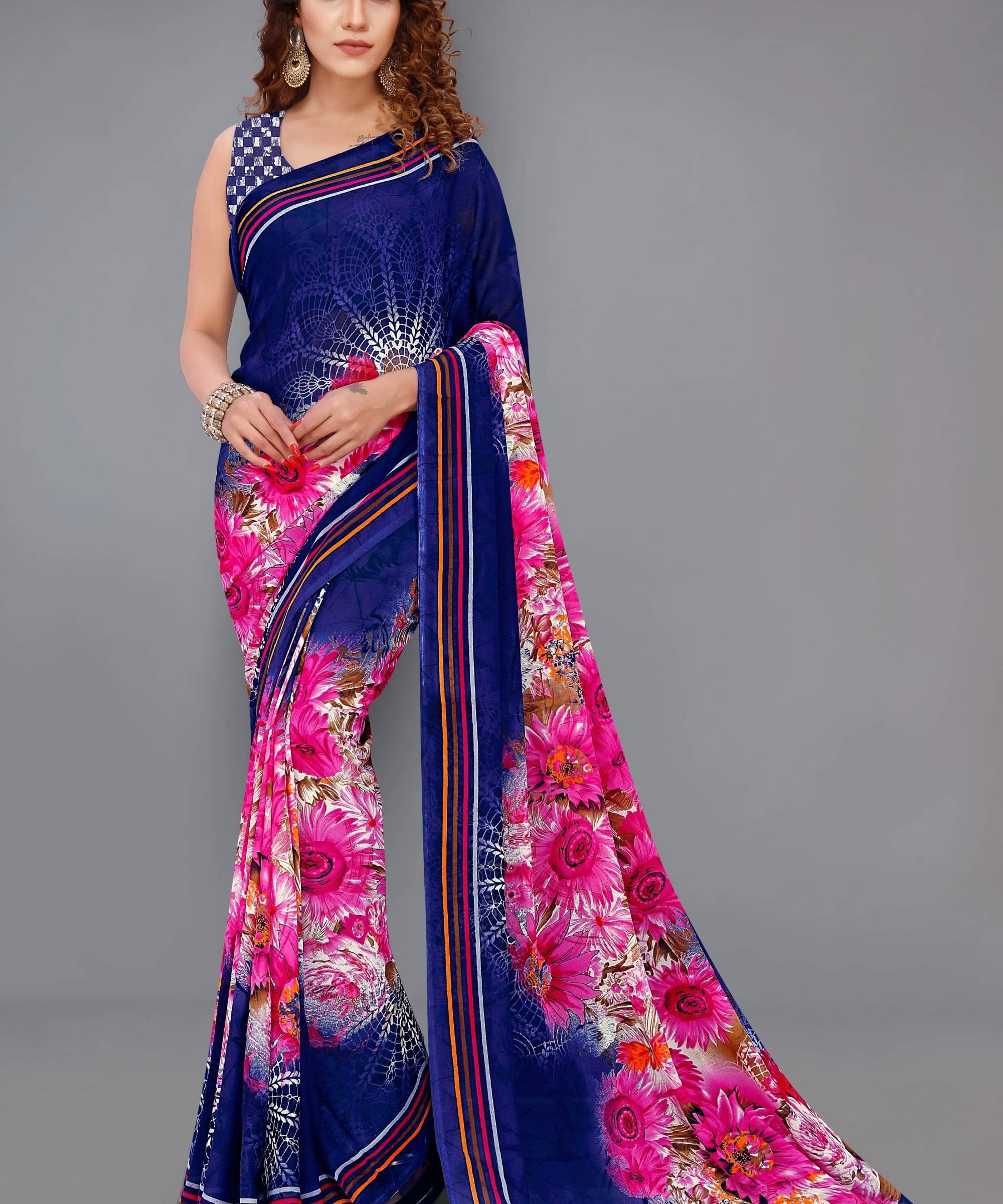 ANAND SAREES Georgette Printed Saree With Unstitched Blouse Piece ( Blue ) ANAND SAREES Georgette Printed Saree With Unstitched Blouse Piece ( Blue )