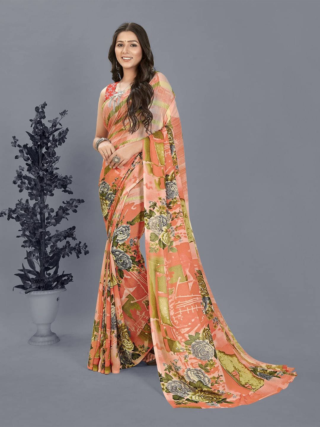 ANAND SAREES Georgette Printed Saree With Unstitched Blouse Piece ( Pink ) ANAND SAREES Georgette Printed Saree With Unstitched Blouse Piece ( Pink )