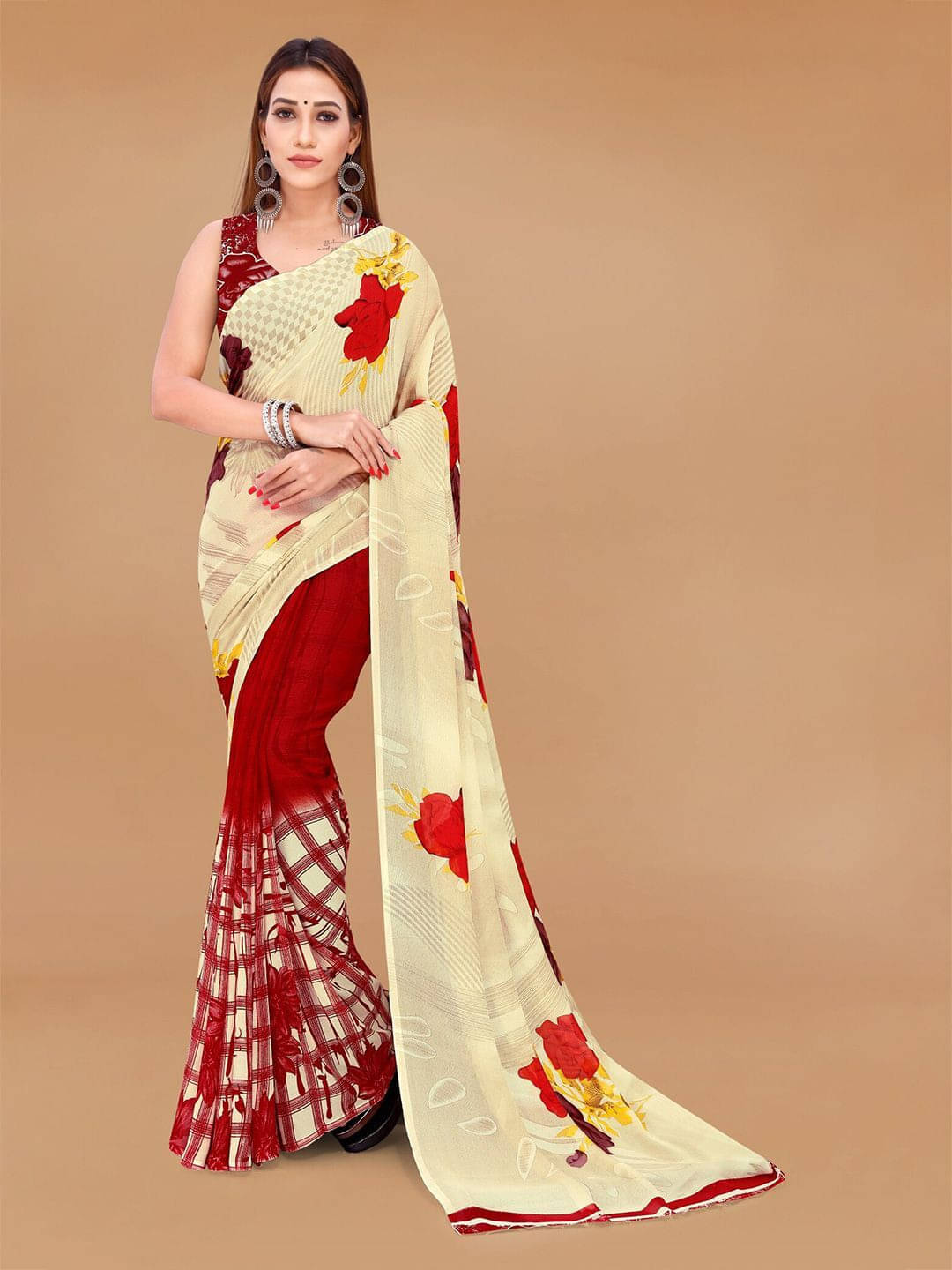 ANAND SAREES Georgette Printed Saree With Unstitched Blouse Piece ( Red ) ANAND SAREES Georgette Printed Saree With Unstitched Blouse Piece ( Red )