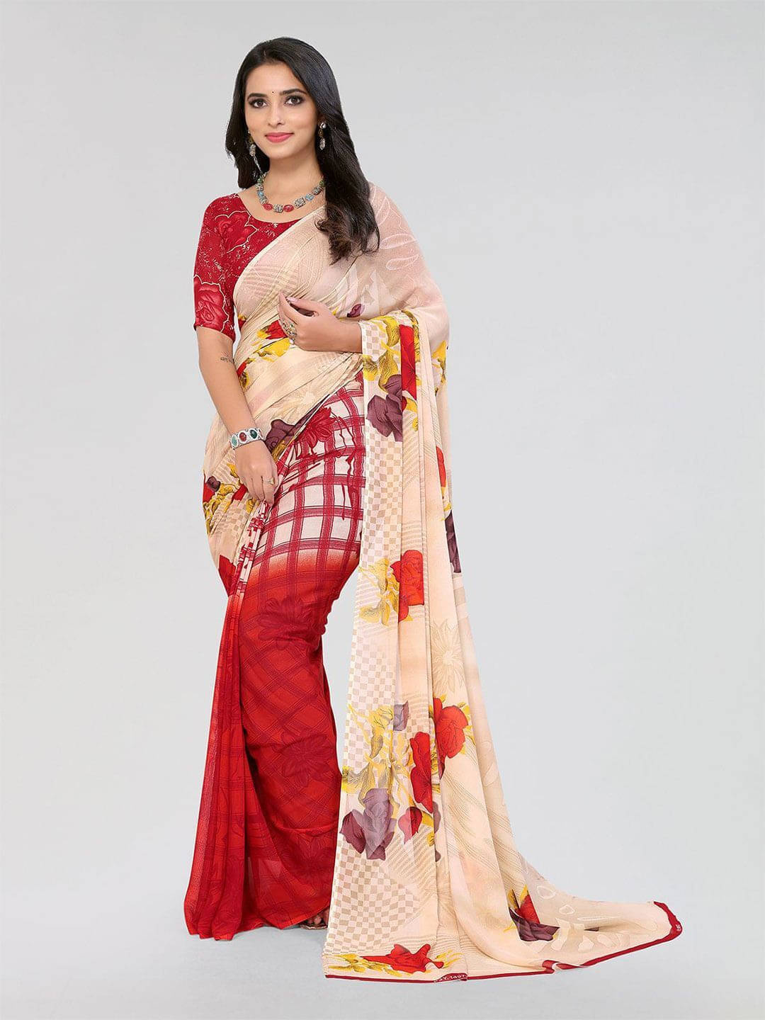     			ANAND SAREES Georgette Printed Saree With Unstitched Blouse Piece ( Red )