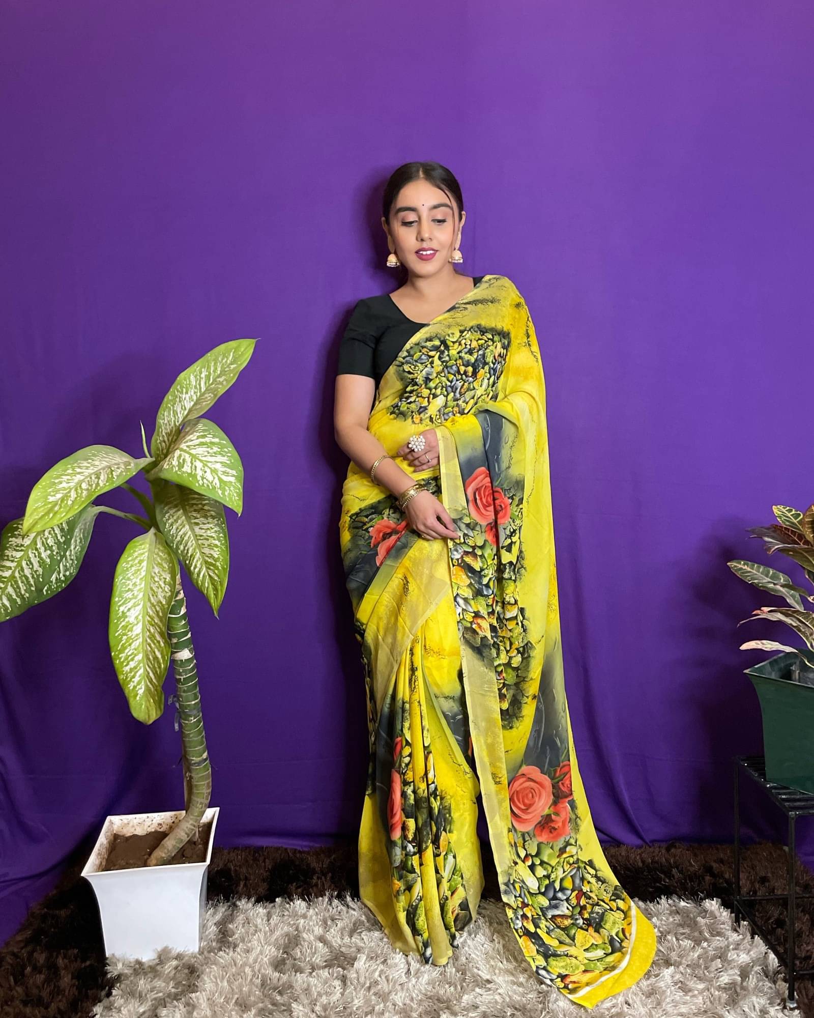    			ANAND SAREES Georgette Printed Saree With Unstitched Blouse Piece ( Yellow )