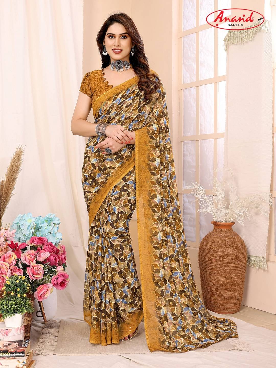 ANAND SAREES Georgette Printed Saree With Unstitched Blouse Piece ( Yellow )     			ANAND SAREES Georgette Printed Saree With Unstitched Blouse Piece ( Yellow )