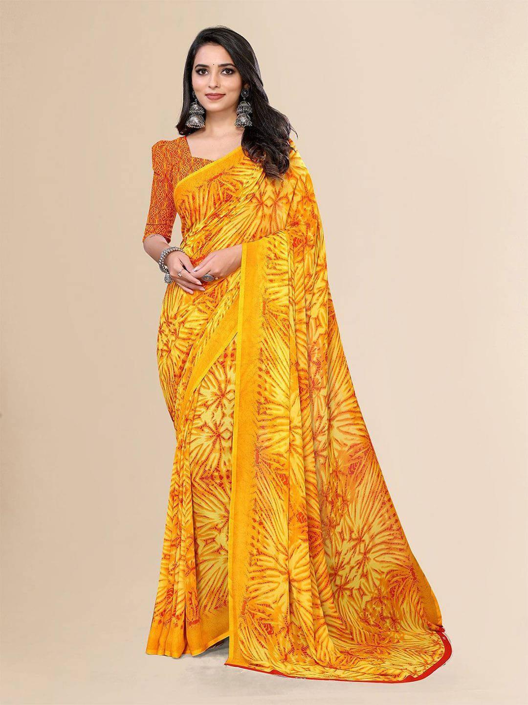 ANAND SAREES Georgette Printed Saree With Unstitched Blouse Piece ( Yellow ) ANAND SAREES Georgette Printed Saree With Unstitched Blouse Piece ( Yellow )