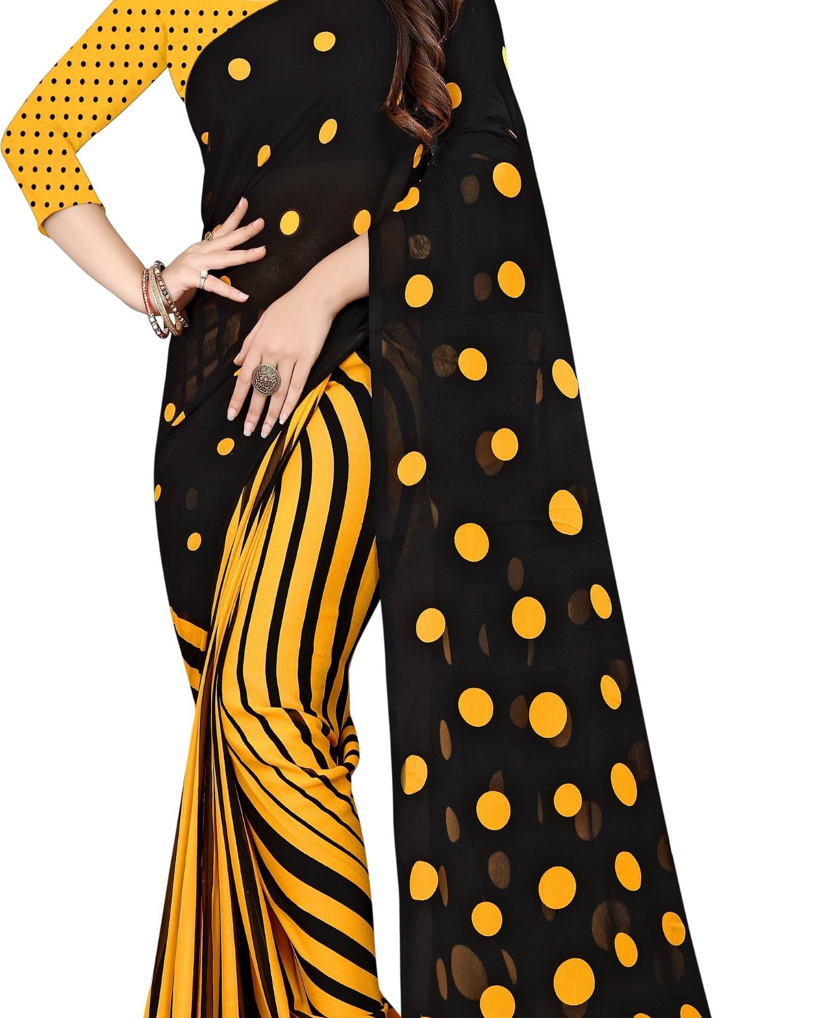 ANAND SAREES Georgette Printed Saree With Unstitched Blouse Piece ( Black ) ANAND SAREES Georgette Printed Saree With Unstitched Blouse Piece ( Black )